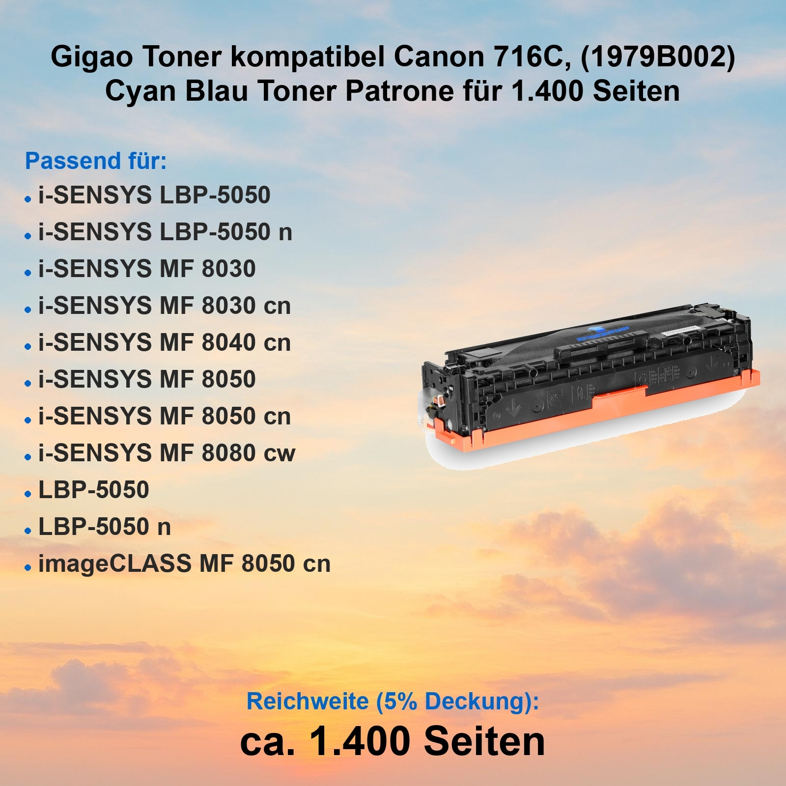 Schwarze Tonerkartusche, orangefarbene Basis, mit Text. Enthält kompatible Drucker. Hintergrund Himmel.