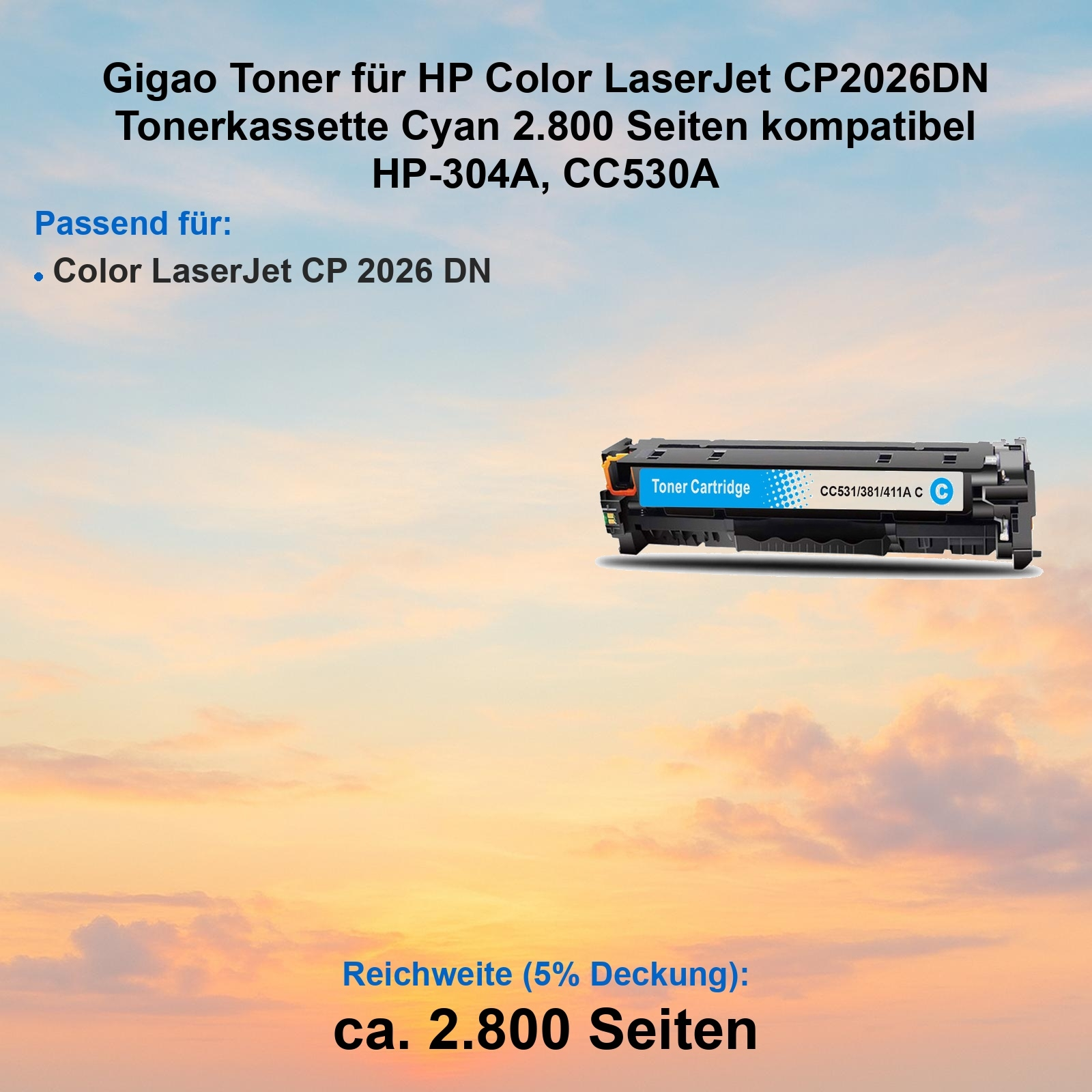 Tonerpatrone für HP-Drucker. Cyan-Farbe. Text auf der Patrone: Toner Cartridge, CC531/381/411A C.