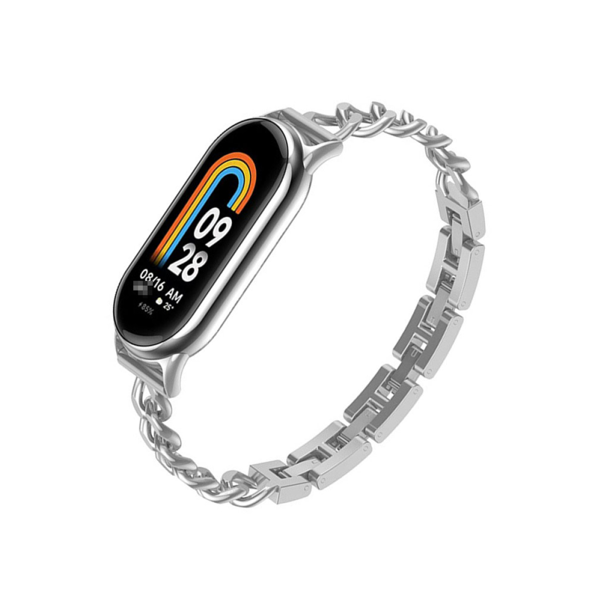 Eine silberne Smartwatch mit schwarzem Bildschirm, der Datum und Uhrzeit anzeigt. Sie hat ein Armband im Kettenglied-Stil auf weißem Hintergrund.