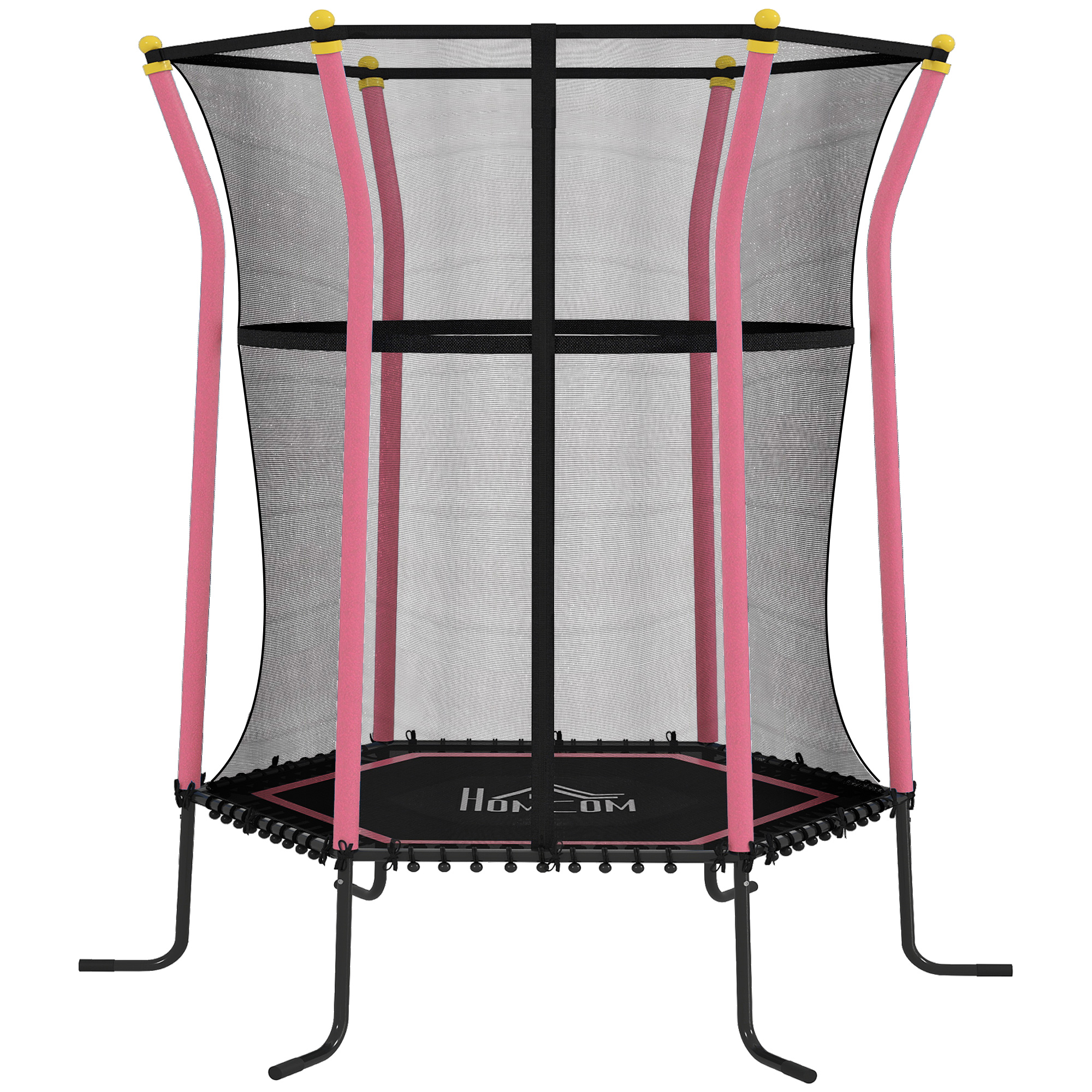 Un piccolo trampolino con supporti rosa e rete nera. Il telaio è nero e la superficie di salto riporta la scritta 'Homcom'.