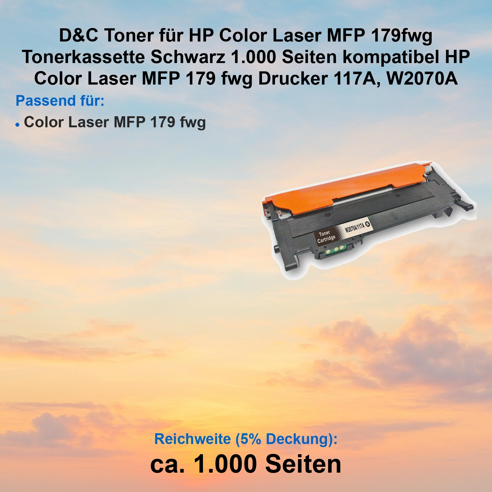 Tonerpatrone für HP-Drucker, schwarz und orange, auf gradienten Himmel, mit Text.