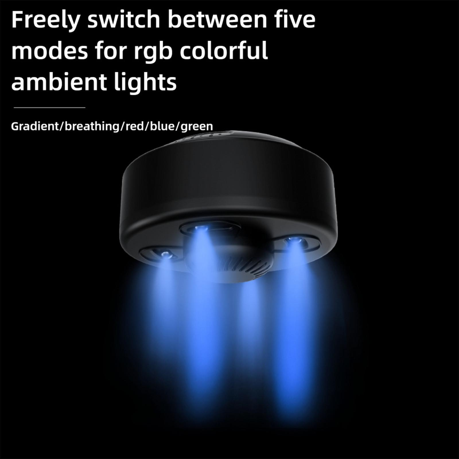 Schwarzes Gerät mit blauen Lichtstrahlen. Text: Wechseln Sie frei zwischen fünf Modi für RGB-Farben.