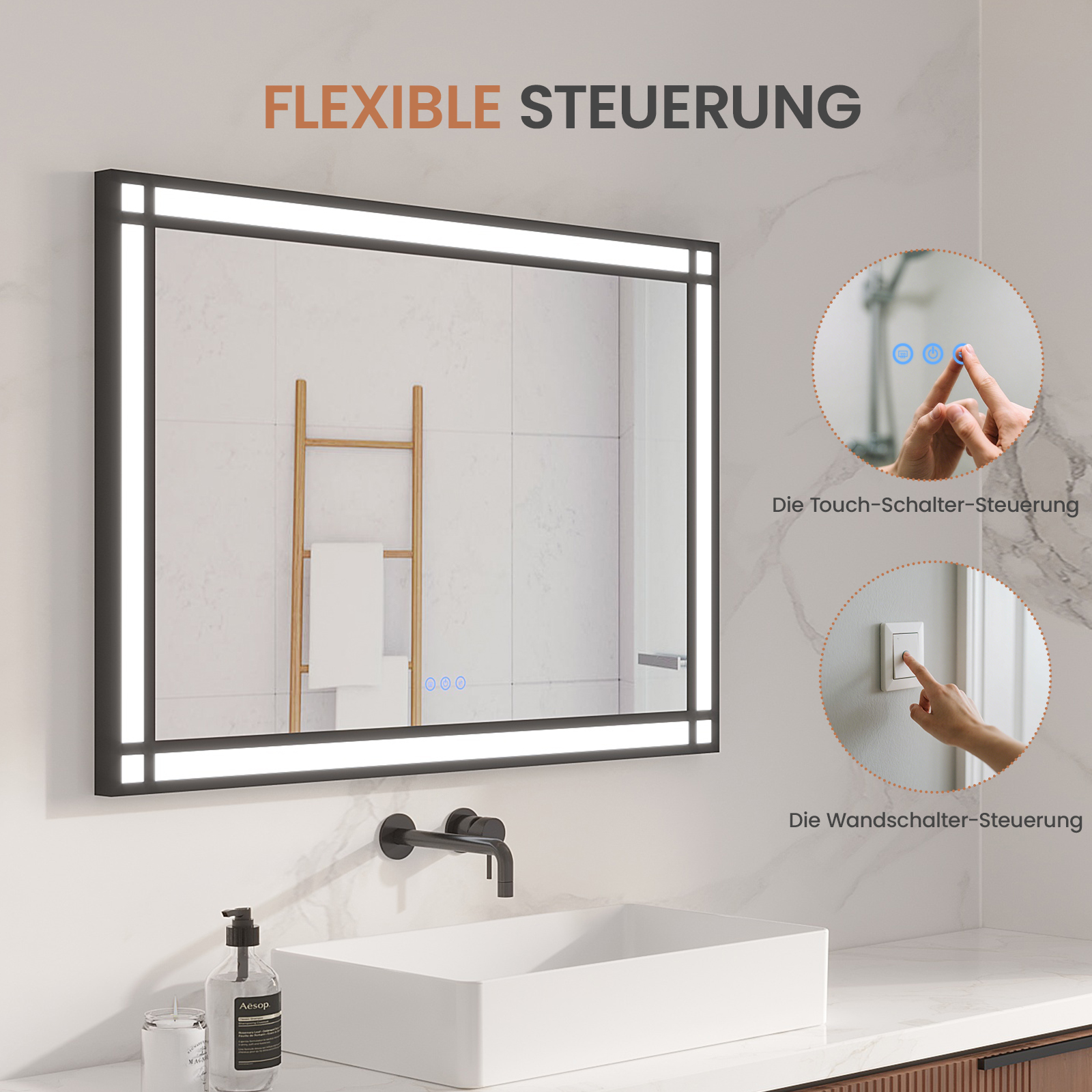 Ein beleuchteter, rechteckiger Spiegel mit Touch-Bedienelementen, ein Waschbecken und eine Wandschalteroption.