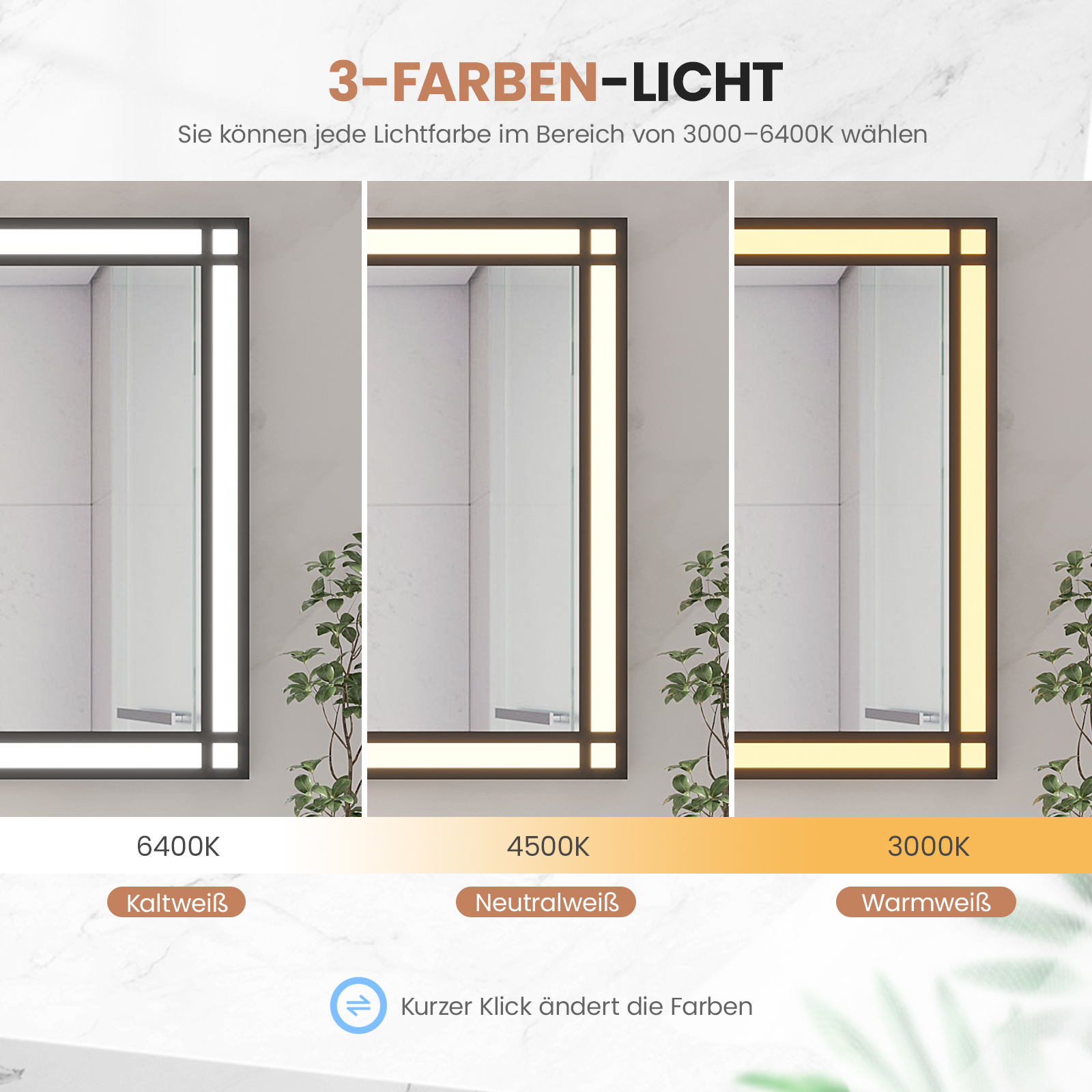 Das Bild zeigt drei Spiegel mit unterschiedlichen Lichtfarben: weiß, neutral und warm. Text zeigt Farbtemperaturoptionen.