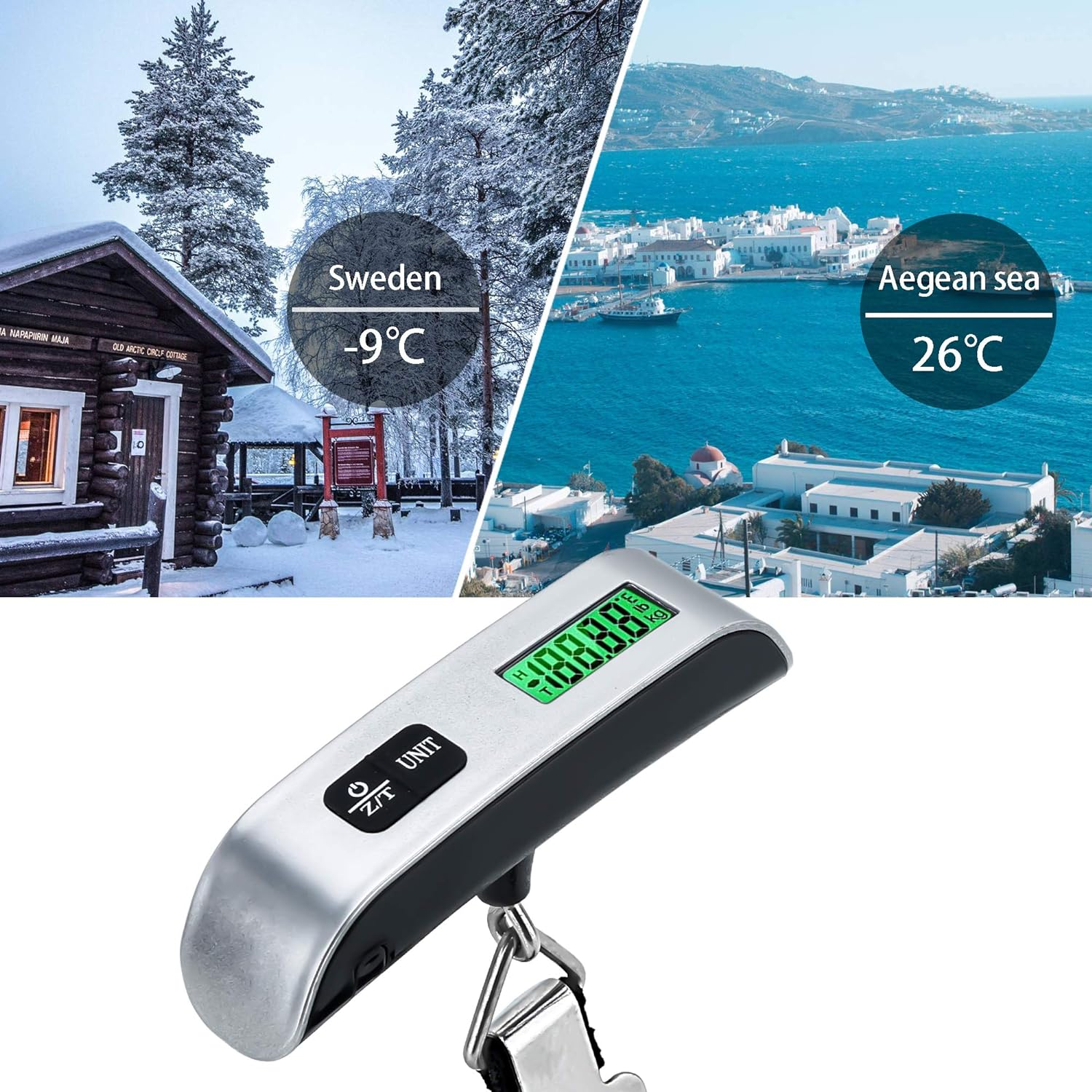 Das Bild zeigt verschneite Hütte in Schweden (-9 °C), Ägäis (26 °C) und digitale Gepäckwaage.