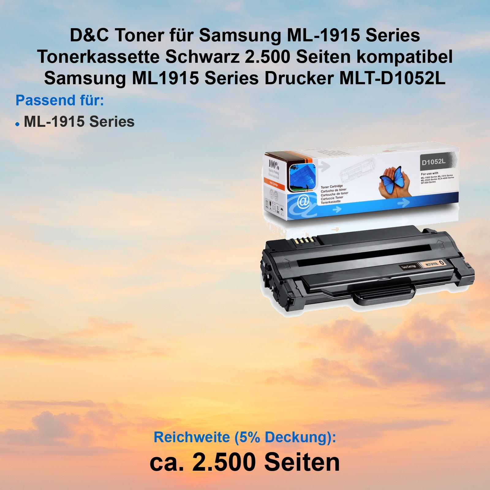 Bild zeigt eine schwarze Tonerkassette und eine Box. Text erwähnt 'ML-1915 Series' und '2.500 Seiten'.