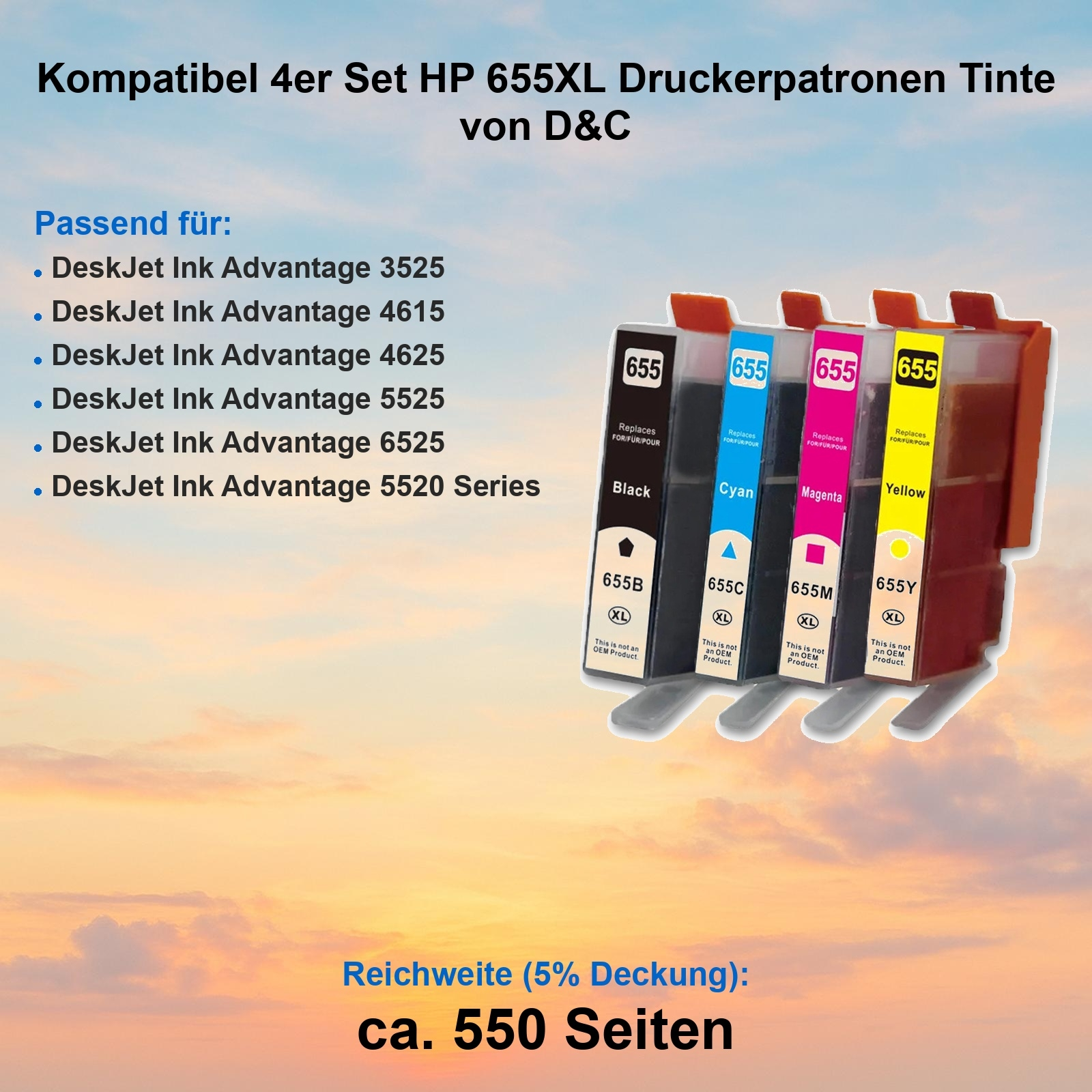 Das Bild zeigt vier HP 655XL Tintenpatronen: Schwarz, Cyan, Magenta und Gelb. Text listet kompatible Druckermodelle auf.