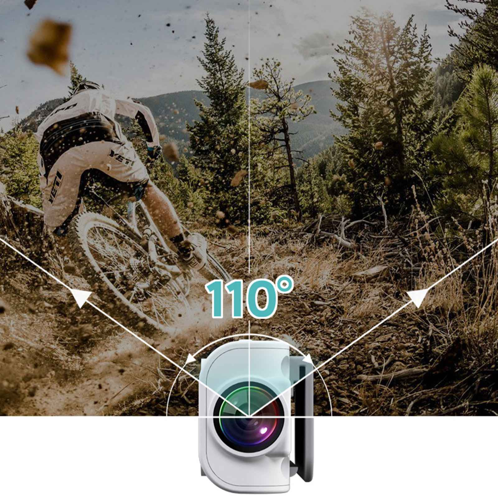 Ein Mountainbiker fährt einen Feldweg hinunter, eine Kamera zeigt eine 110-Grad-Ansicht. Bäume und Berge im Hintergrund.