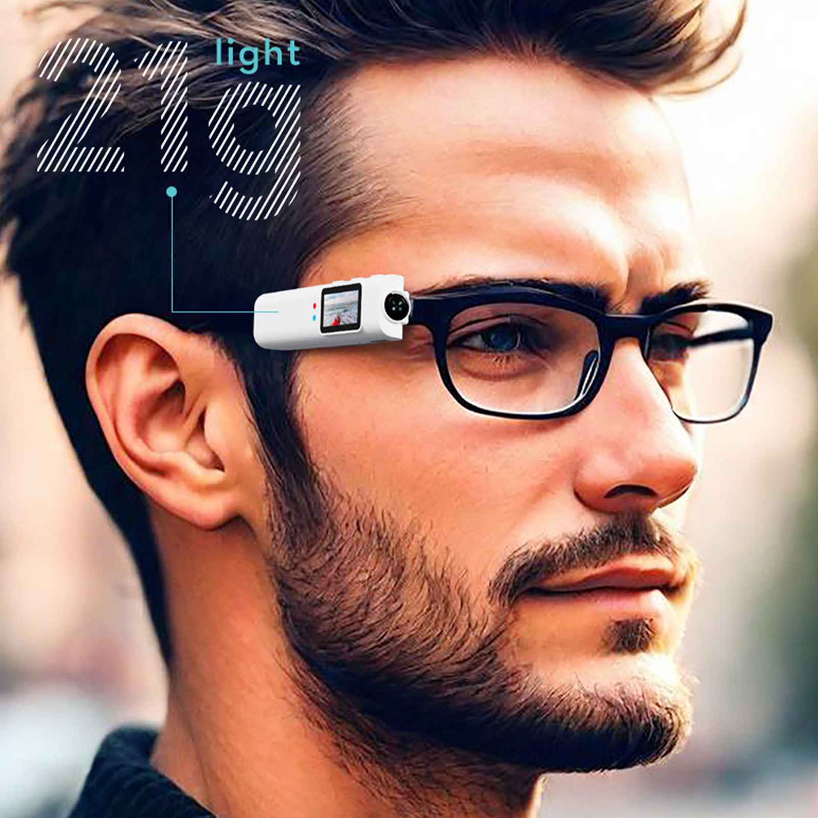 Ein Mann mit Brille und einer daran befestigten Kamera. Das Bild hat einen Text mit dem Wort Licht.