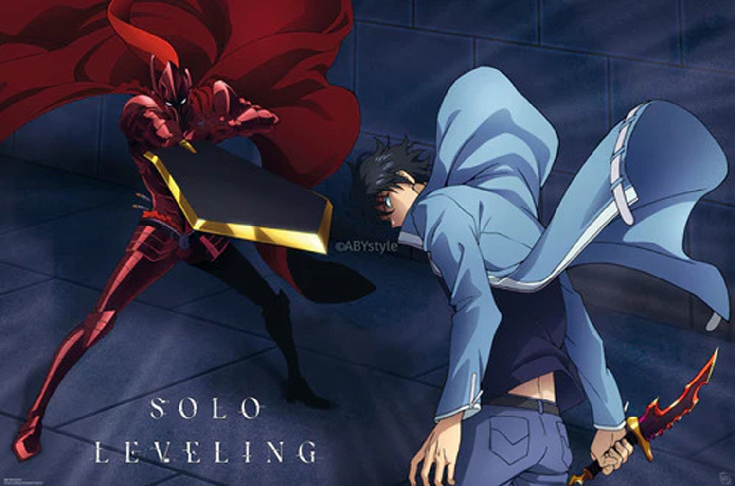 Anime-Szene: Eine rot gepanzerte Figur mit Schild steht einer Person mit blauem Kapuzenpullover gegenüber, die einen glühenden Dolch hält. Text "Solo Leveling".
