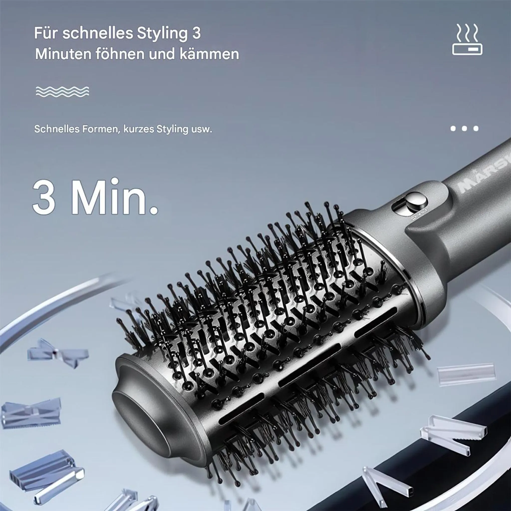 Eine elektrische Haarpflegebürste mit Borsten ist abgebildet. Der Text lautet "3 Min." und "Styling".