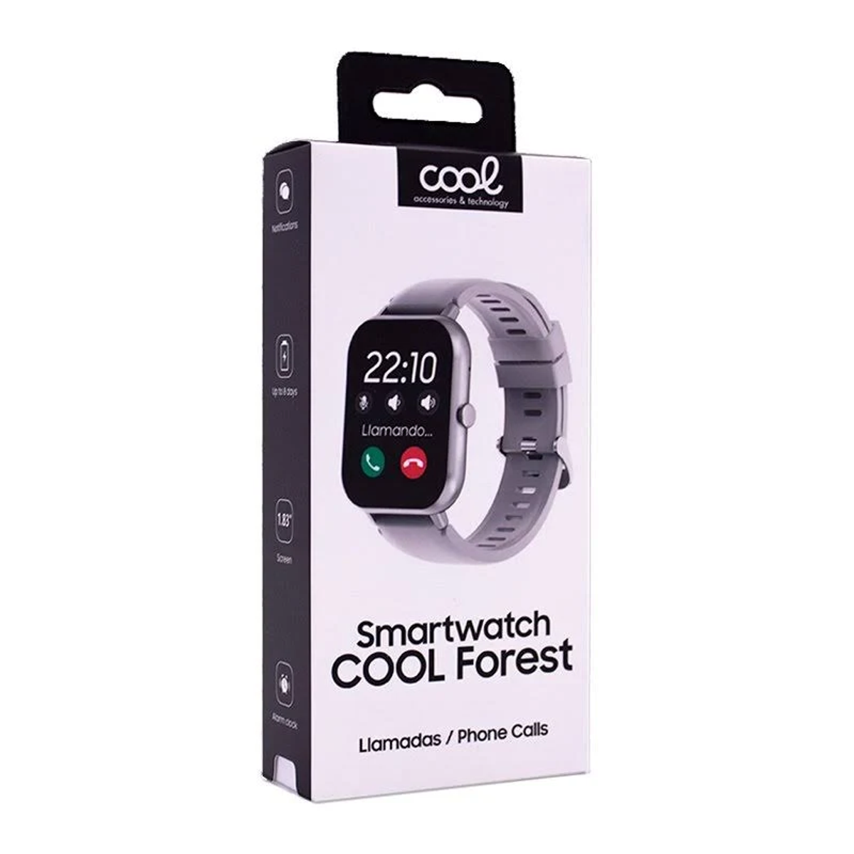 Smartwatch na białym pudełku. Zegarek wyświetla ekran połączenia. Tekst głosi 'COOL Forest' i 'Llamadas/Phone Calls'.