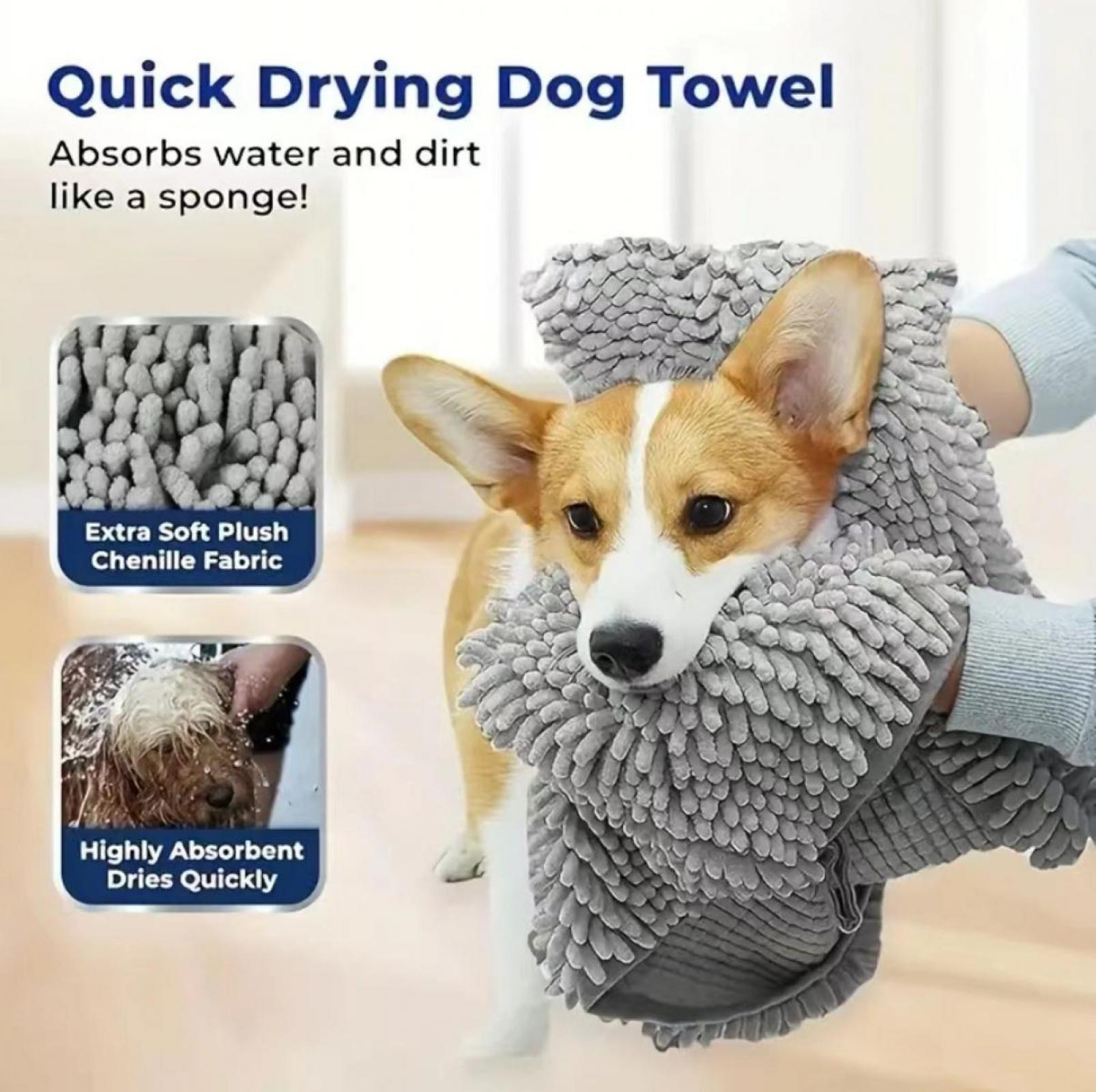 Ein Corgi-Hund wird mit einem grauen Handtuch abgetrocknet. Text: Schnell trocknendes Hundetuch, absorbiert Wasser wie ein Schwamm.