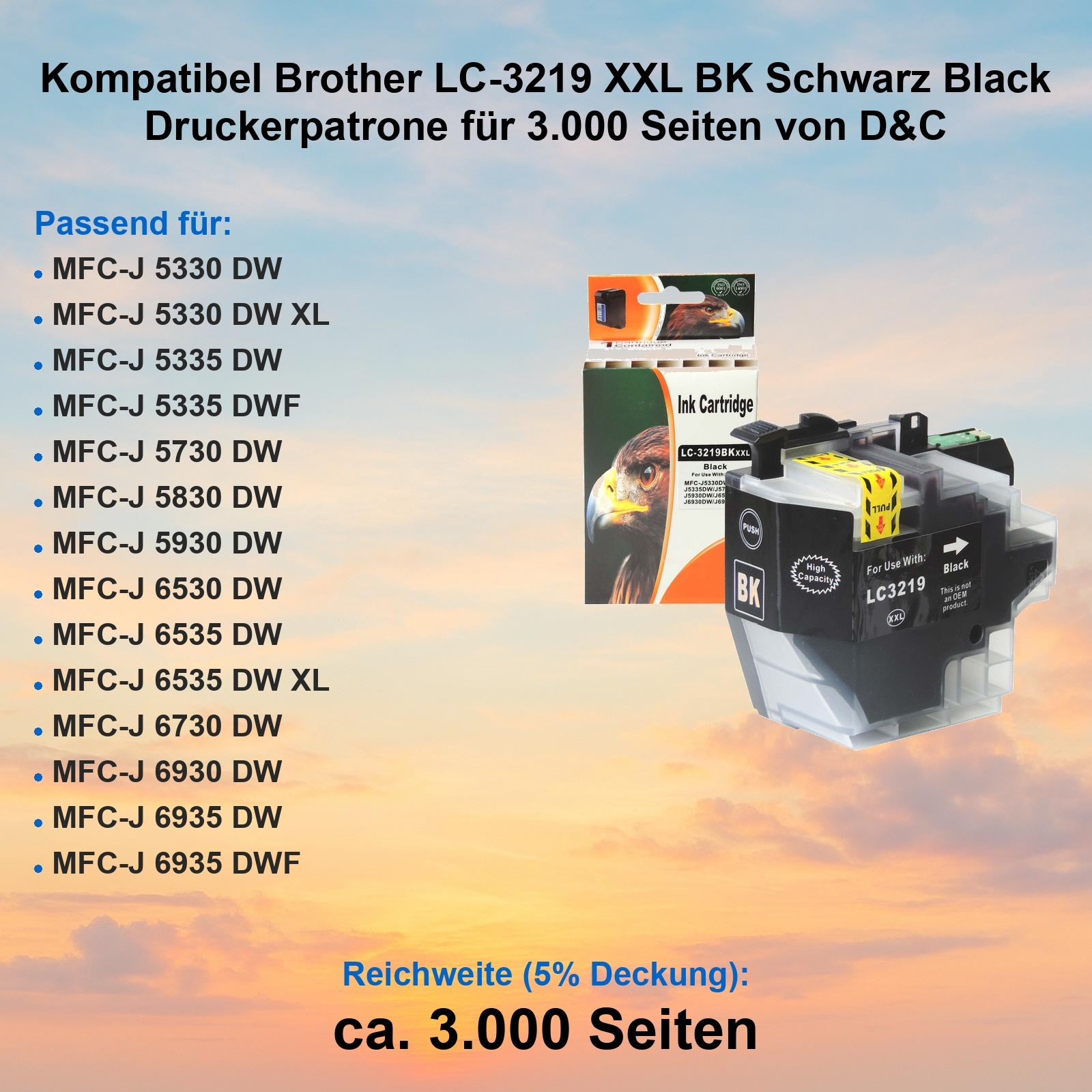 Tintenpatrone mit Text und Produktdetails. Listet kompatible Brother-Drucker und Text auf Deutsch.