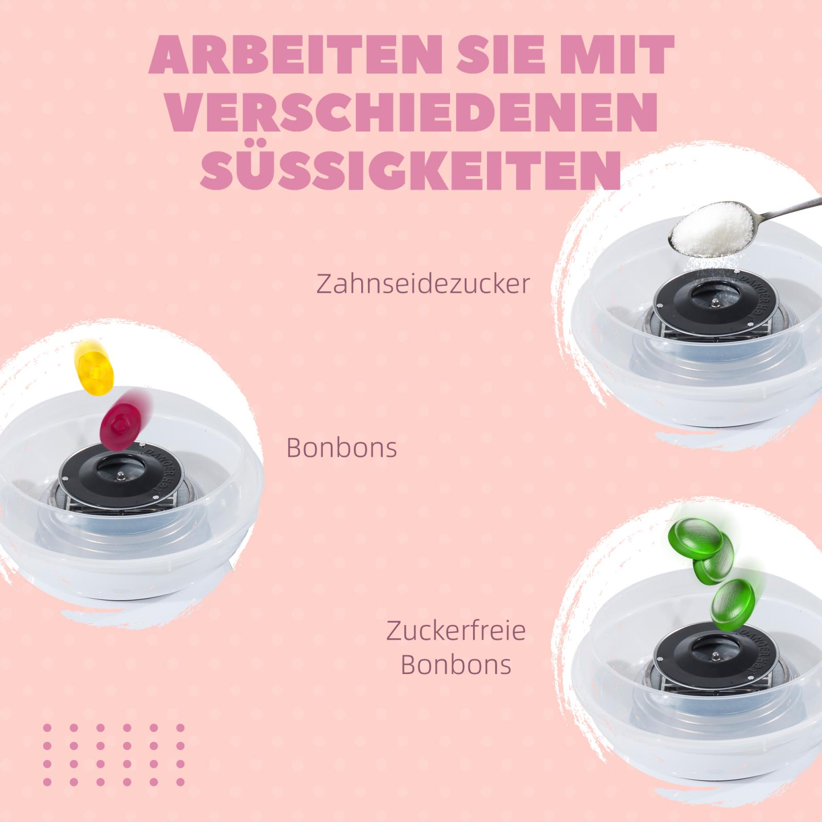 Das Bild zeigt eine Zuckerwattemaschine mit verschiedenen Süßigkeiten: Zucker, Bonbons und zuckerfreien Bonbons.