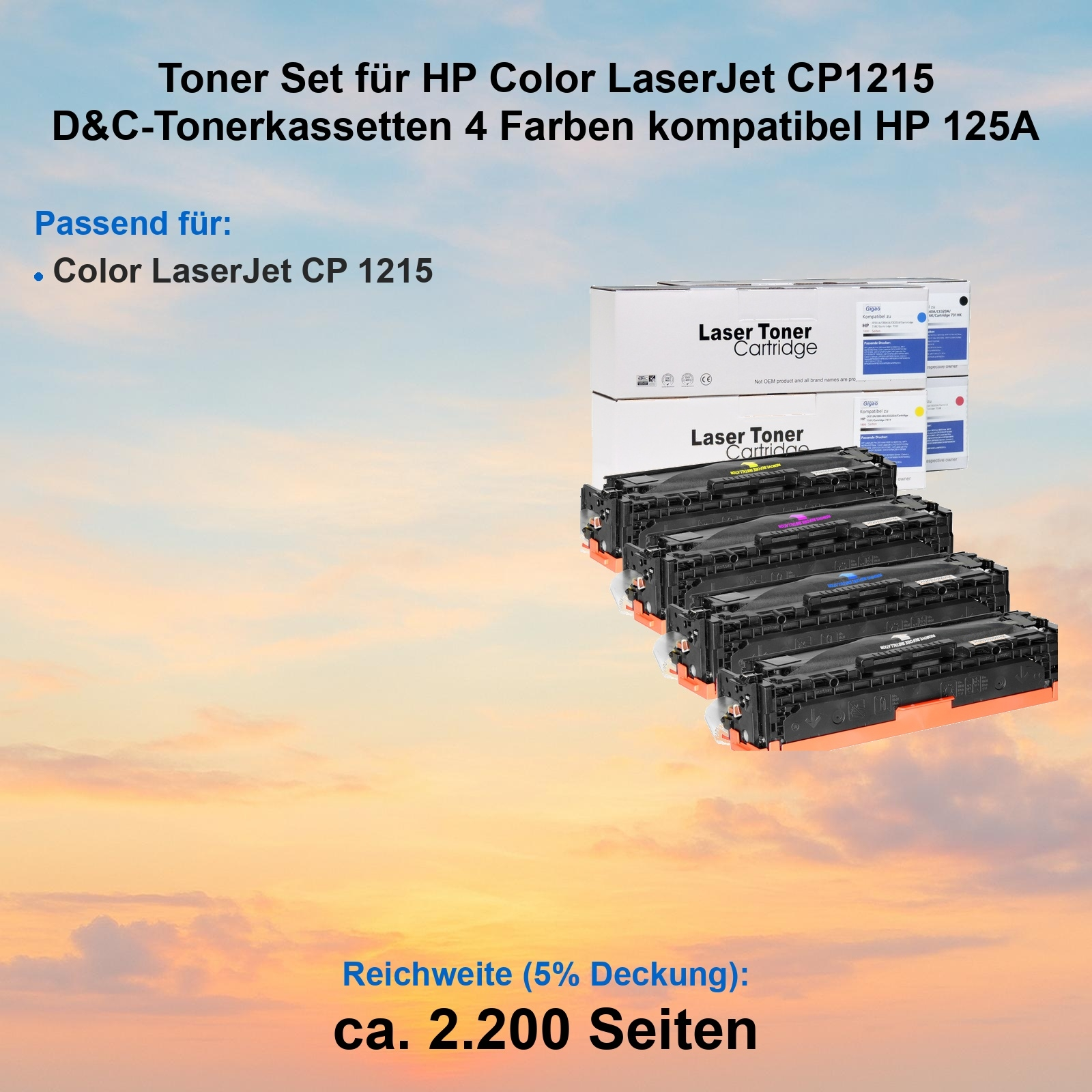 Tonerkassetten für HP Color LaserJet CP1215 Drucker. Enthält Patronen in Schwarz, Cyan, Magenta und Gelb. Himmel Hintergrund.