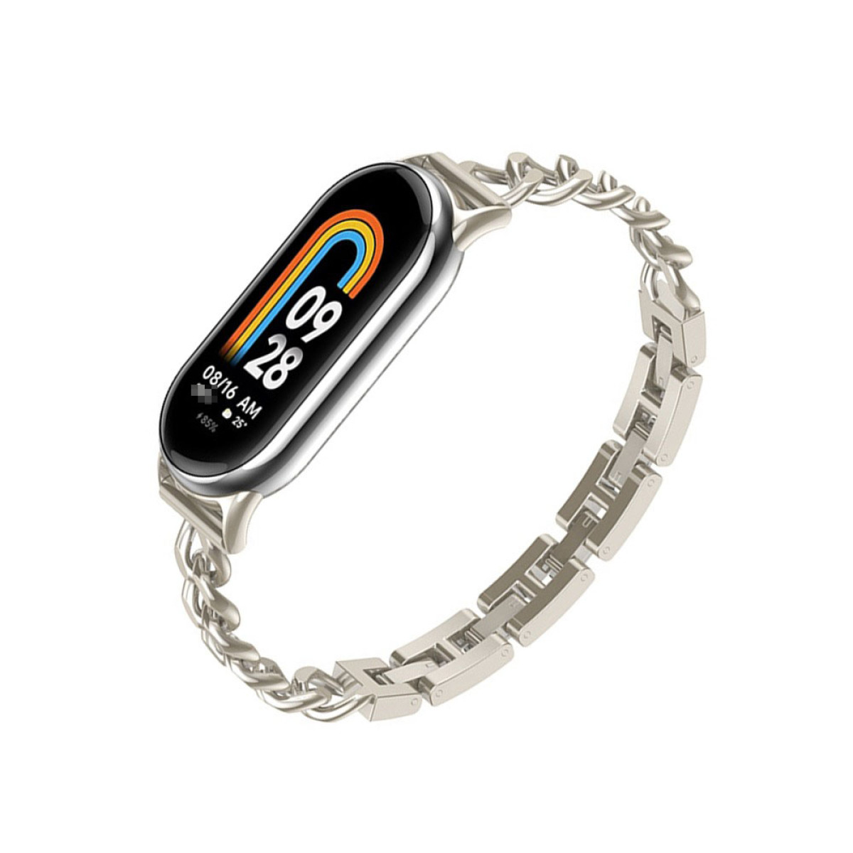 Eine silberne Smartwatch mit schwarzem Display, das Datum und Uhrzeit anzeigt, an einem silbernen Kettengliedarmband befestigt.