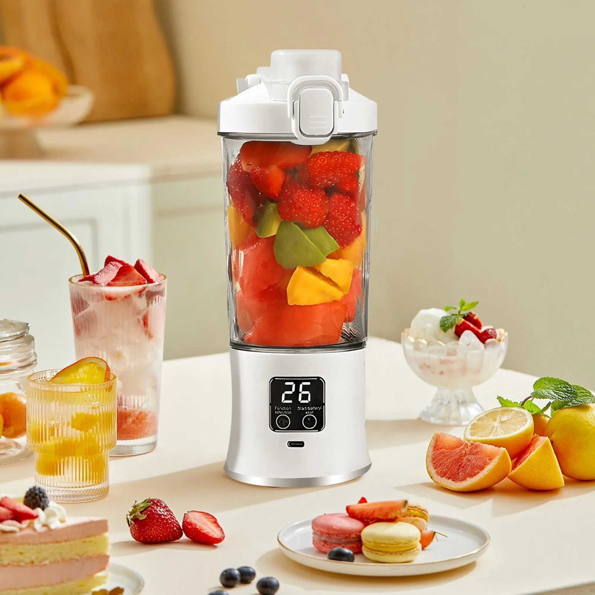 Ein weißer Mixer mit Früchten, verschiedene Getränke und Desserts auf einem Tisch, darunter Makronen und Obstscheiben.