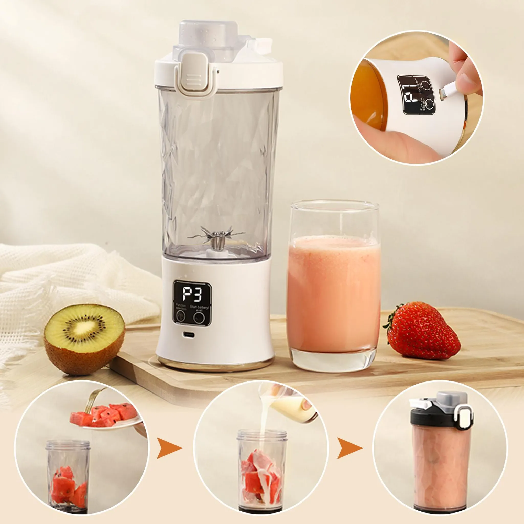 Ein weißer Mixer mit Früchten und einem Glas Saft. Schritte zeigen das Hinzufügen von Wassermelone und Milch.