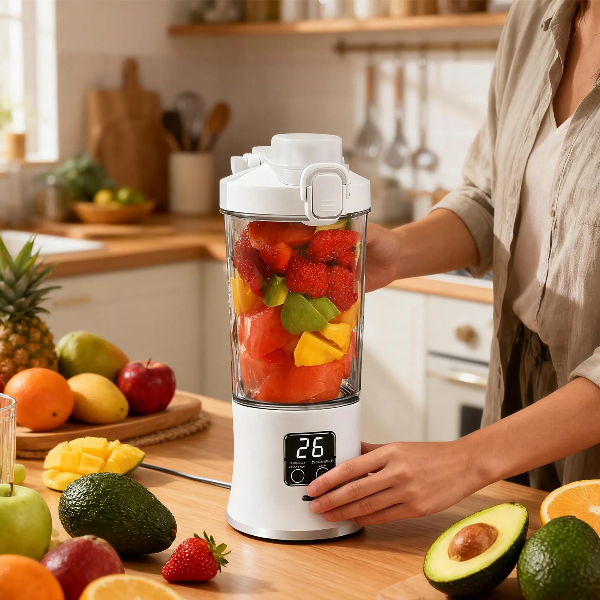 Eine Frau hält einen Mixer mit Früchten. Erdbeeren, Mango und Avocado liegen auf dem Tisch. Küchenhintergrund.