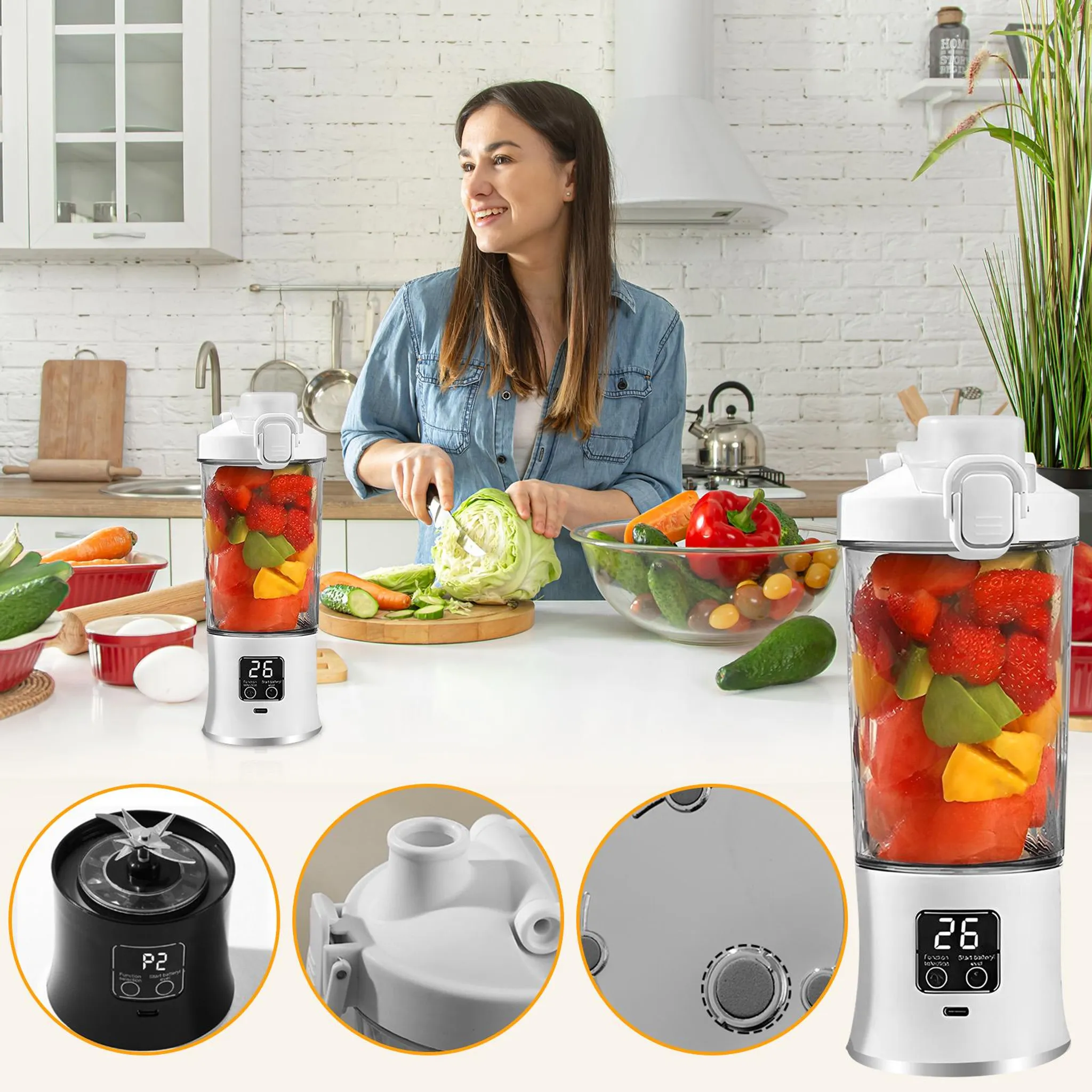 Frau schneidet Kohl in der Küche. Mixer mit Früchten stehen auf dem Tisch. Gemüse und Eier sind im Hintergrund.