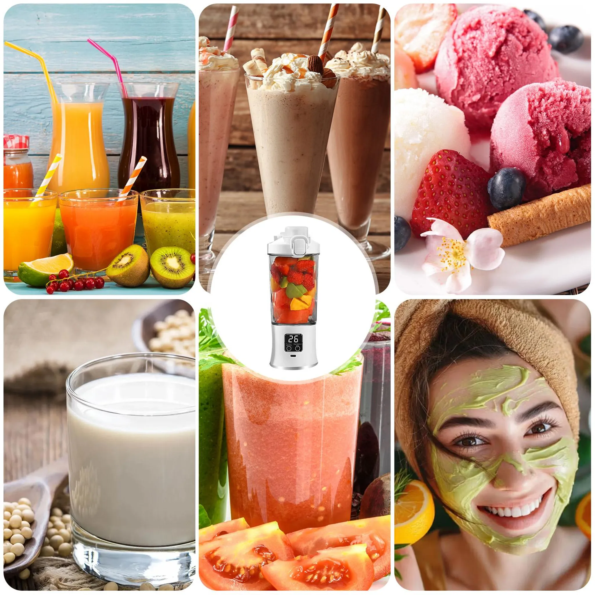Collage von Getränken, Eiscreme und einer Gesichtsmaske. Enthält Smoothies, Eiscremekugeln mit Obst und eine Frau mit Gesichtsmaske.