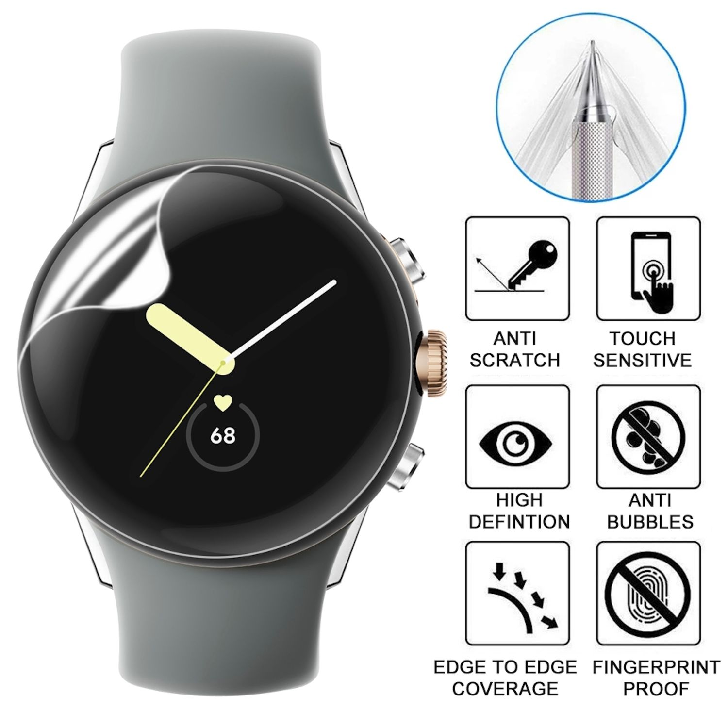 Eine Smartwatch mit Displayschutzfolie, mit Symbolen für kratzfest, berührungsempfindlich, hochauflösend, blasenfrei, randlos und fingerabdrucksicher.