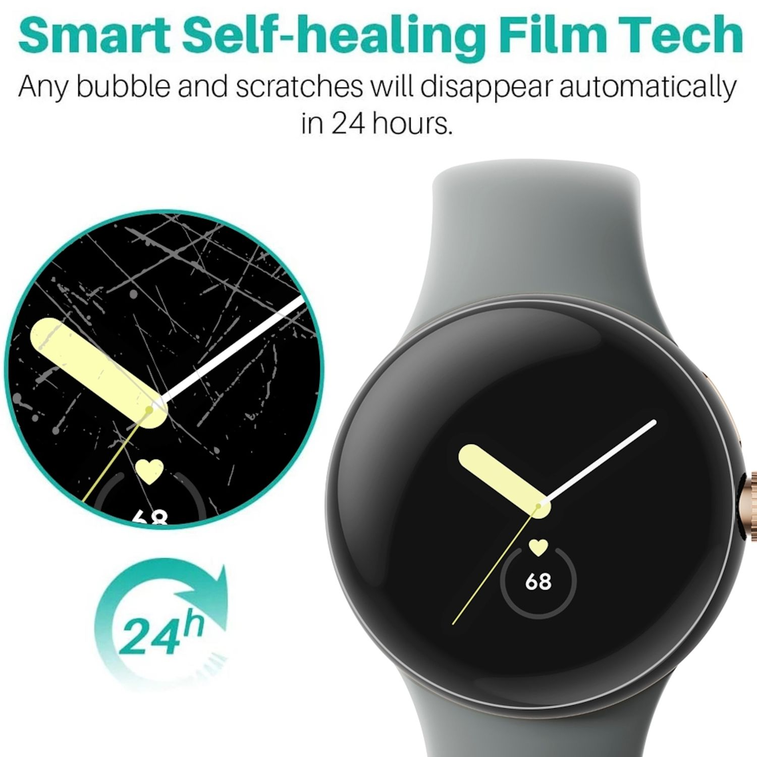 Das Bild zeigt eine Smartwatch mit zerkratztem Bildschirm und einem perfekten Bildschirm. Text besagt, dass es in 24 Stunden heilt. Ein 24h-Symbol wird gezeigt.
