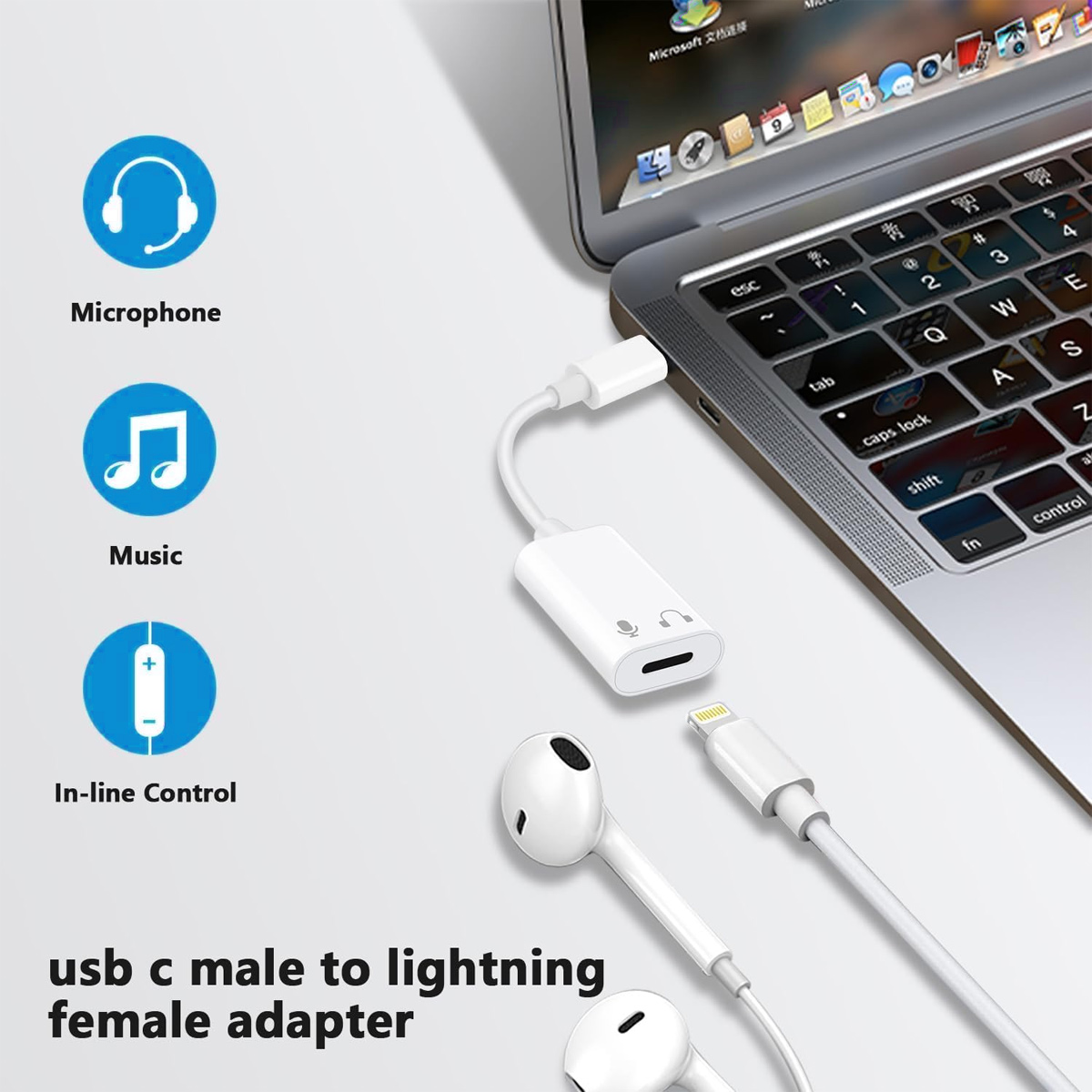 Ein weißer USB-C-zu-Lightning-Adapter ist mit einem Laptop verbunden. Kopfhörer und Symbole für Mikrofon, Musik und Inline-Steuerung sind vorhanden.