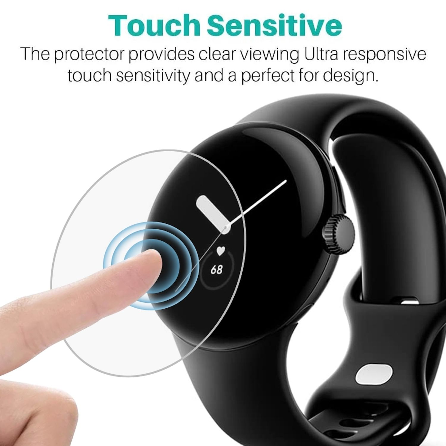 Ein Finger berührt den Bildschirm einer Smartwatch. Die Uhr ist schwarz und zeigt eine weiße Anzeige und die Zahl 68. Der Text lautet 'Touch Sensitive'.