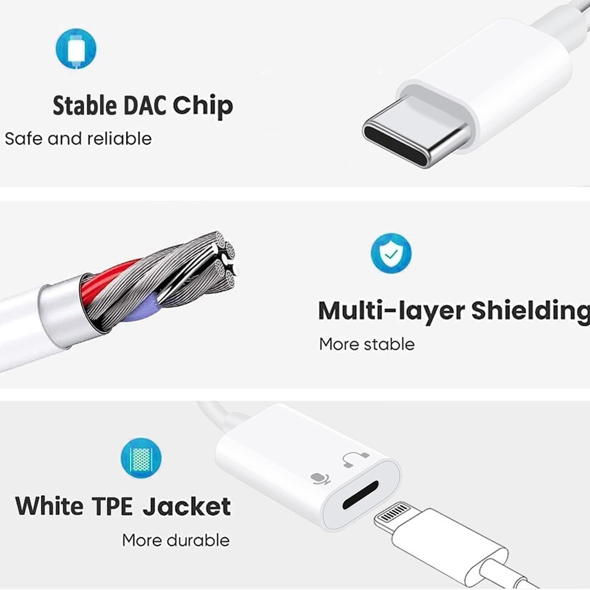 Das Bild zeigt weiße Kabel, einen USB-C-Anschluss und einen Lightning-Adapter. Texte sind: 'Stable DAC Chip', 'Multi-layer Shielding' und 'White TPE Jacket'.