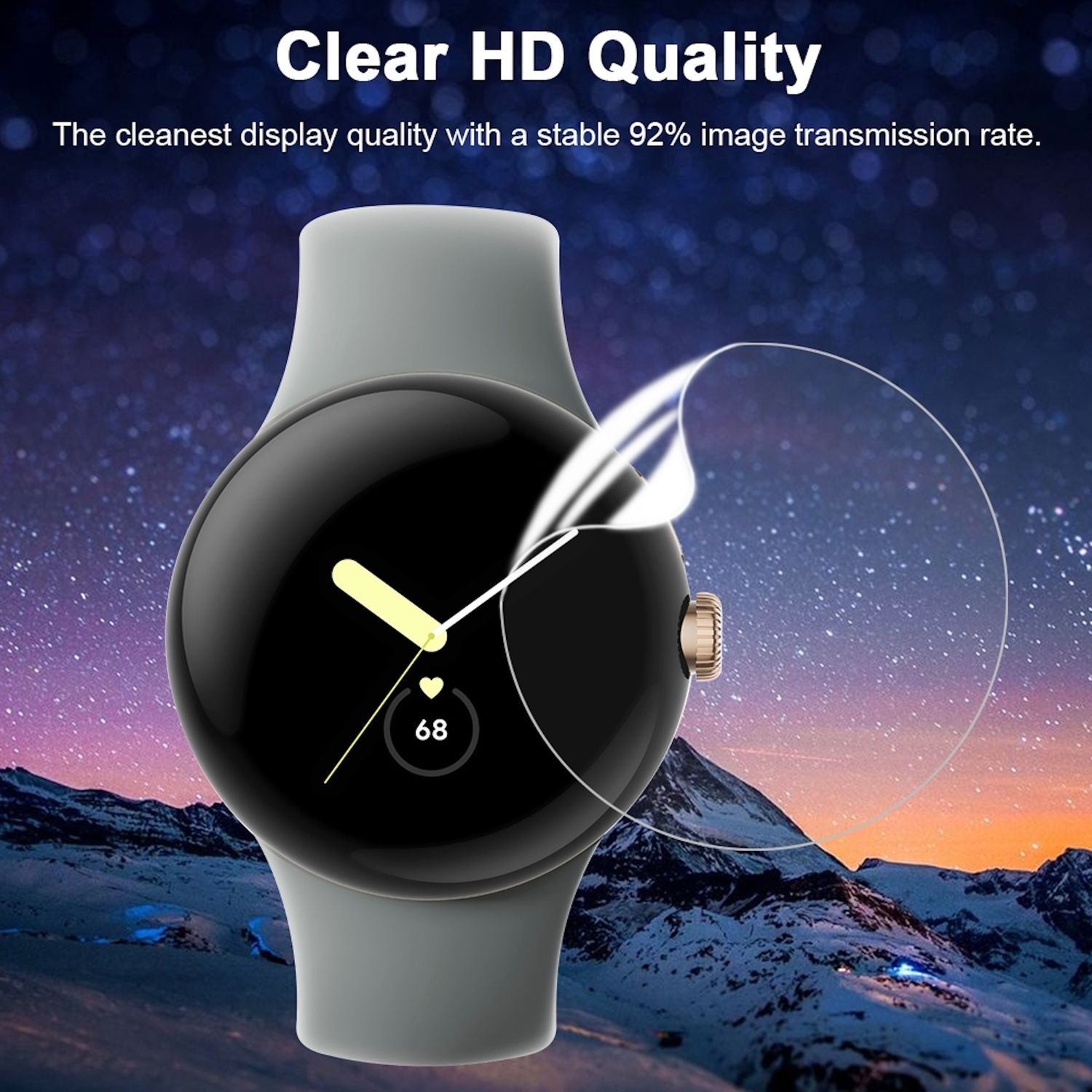 Eine runde Smartwatch mit schwarzem Bildschirm, der 68 anzeigt, ein gelber Zeiger und eine transparente Abdeckung. Der Hintergrund ist ein Sternenhimmel.