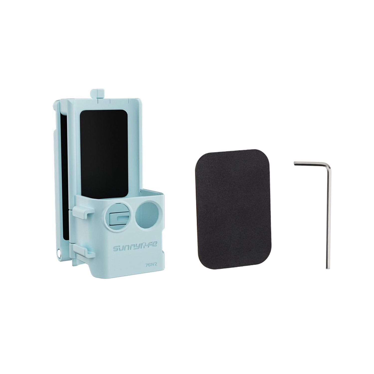 Un supporto per telefono SunnyLife azzurro con un cuscinetto nero e una chiave a L argentata su sfondo bianco.