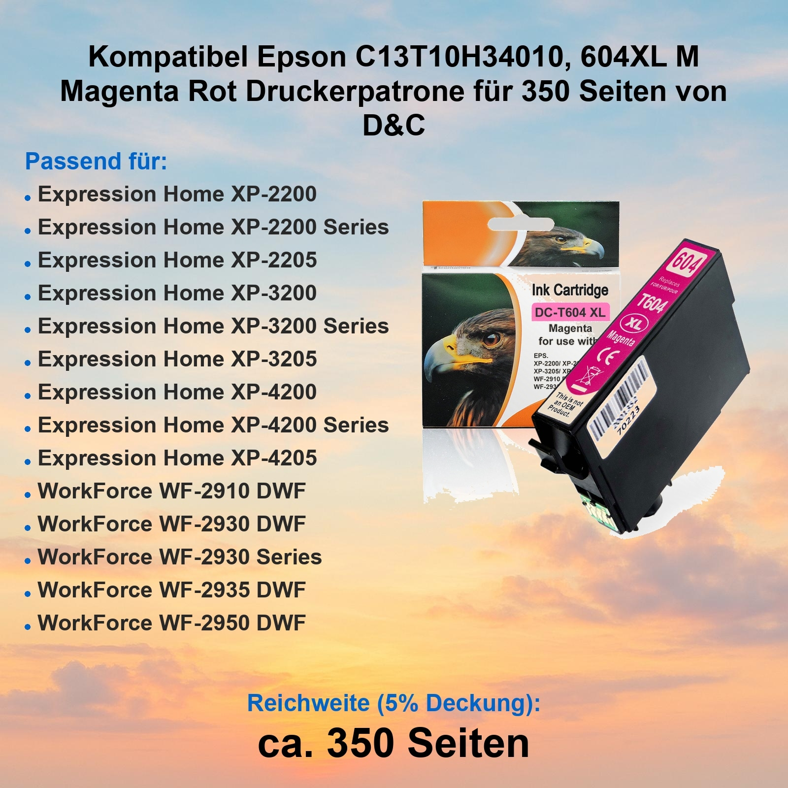Eine Epson-Druckerpatronenbox mit einer magentafarbenen Tintenpatrone. Der Text listet kompatible Drucker und Tintendetails auf.