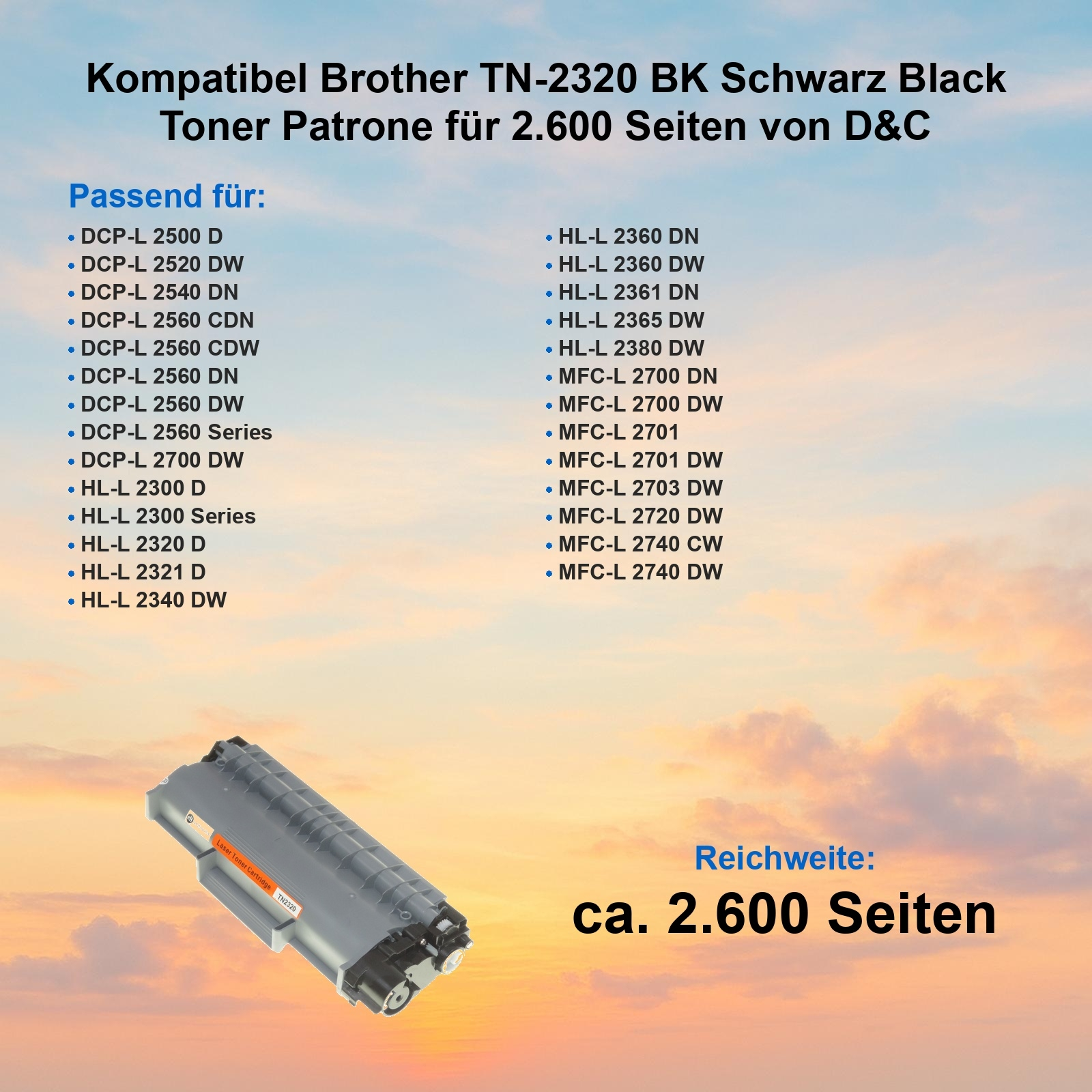 Tonerpatrone mit Produktdetails. Listet kompatible Drucker. Hintergrund ist ein bewölkter Himmel.