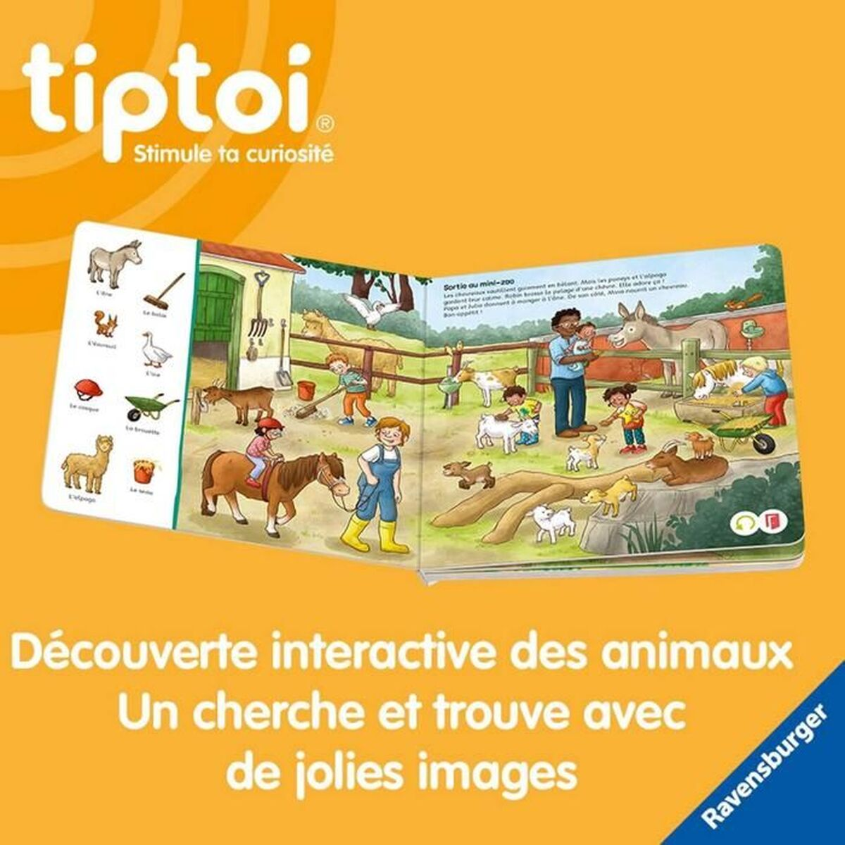 Libro aperto mostra animali da fattoria: capre, cavalli e un asino. Sono presenti bambini e un uomo tiene in braccio un bambino. Lo sfondo è una fattoria.