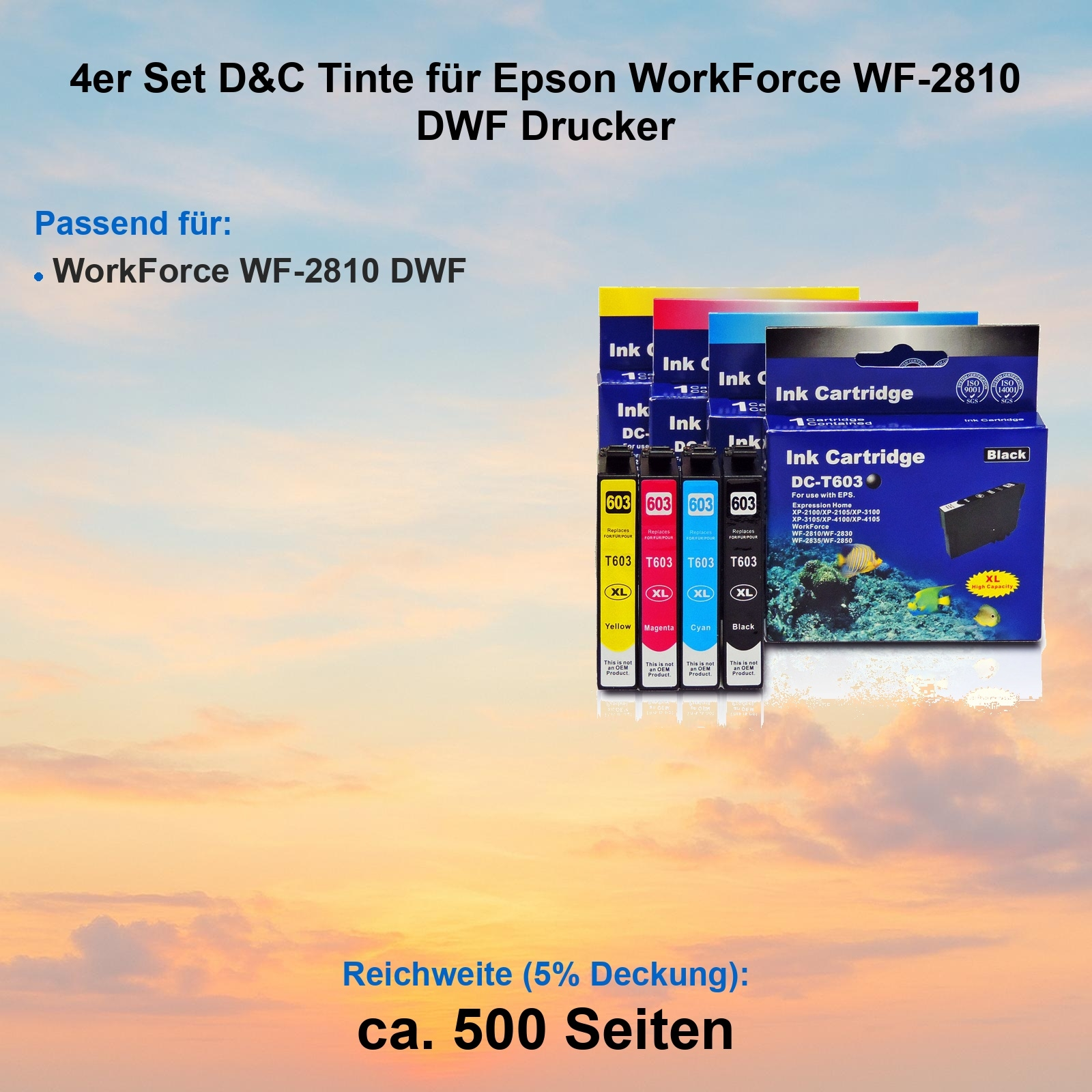 Das Bild zeigt Tintenpatronen für Epson-Drucker. Die Patronen sind gelb, magenta, cyan und schwarz. Kartons und Text sind sichtbar.