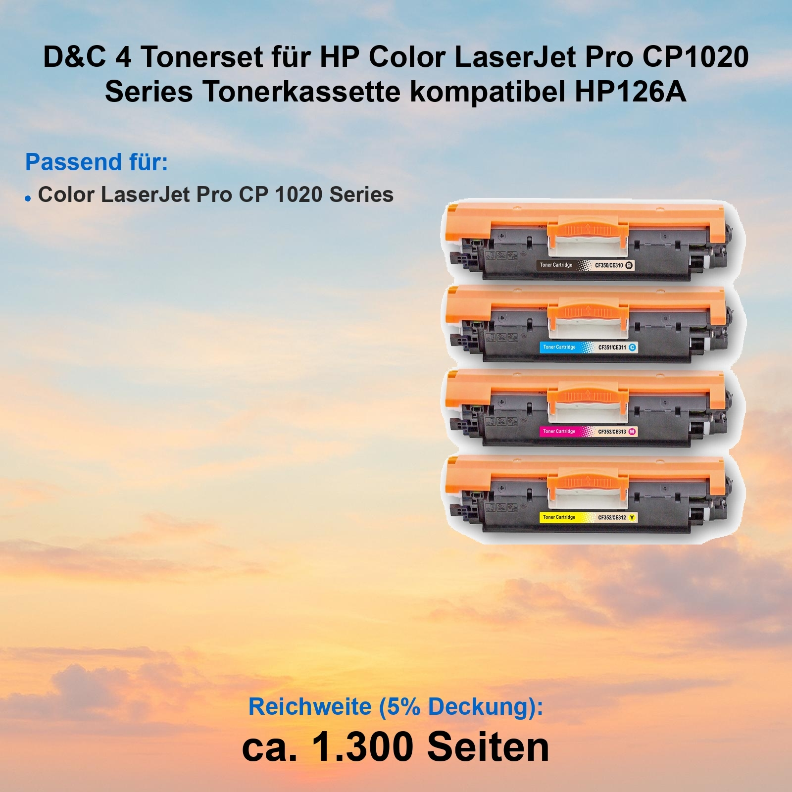 Bild zeigt vier Tonerpatronen, orange und schwarz, beschriftet für HP Color LaserJet Pro CP1020. Text zeigt Kompatibilität.