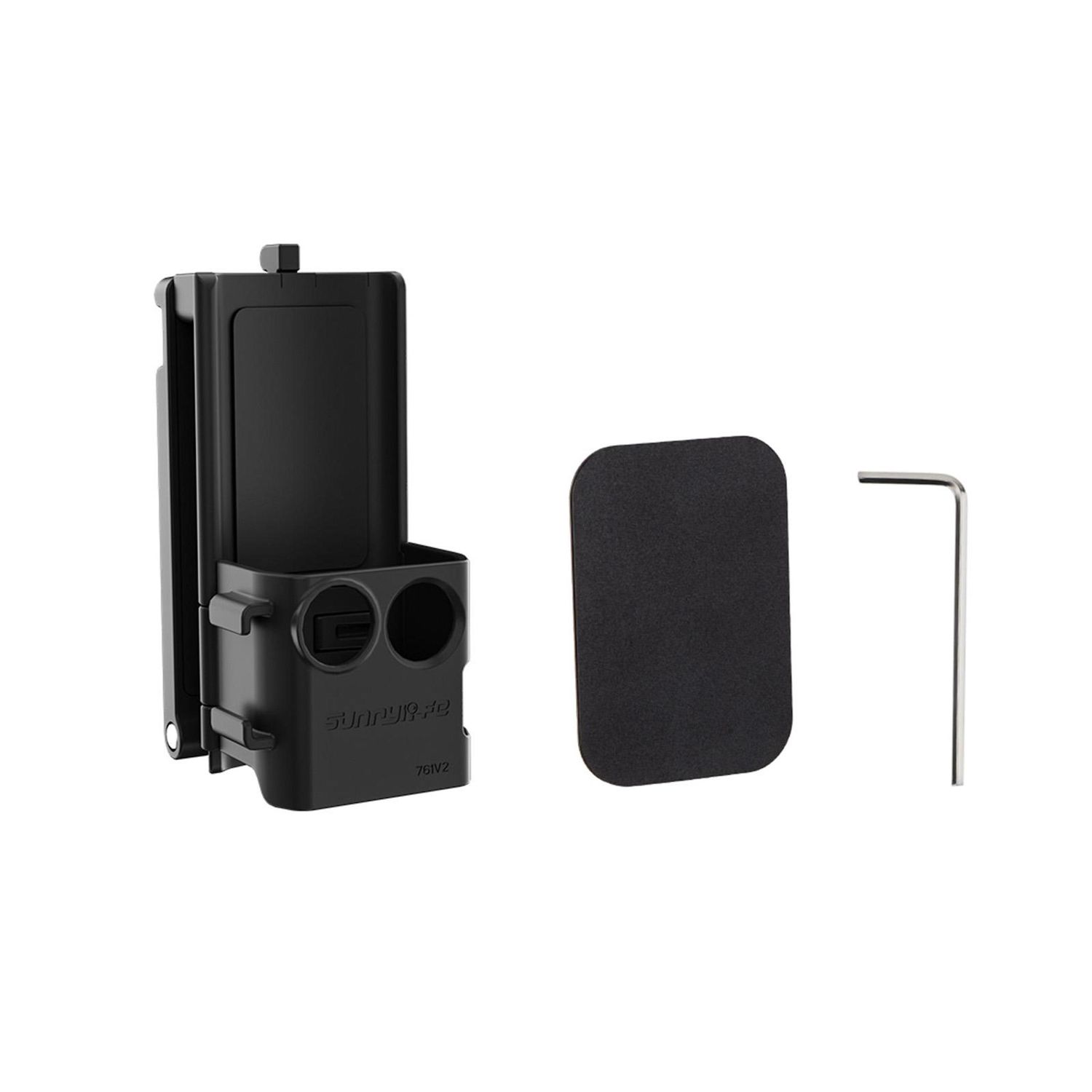 Supporto nero con due fori, un piccolo cuscinetto rettangolare e un attrezzo metallico a forma di L. Il supporto ha 'Sunnylife' e '761V2'.