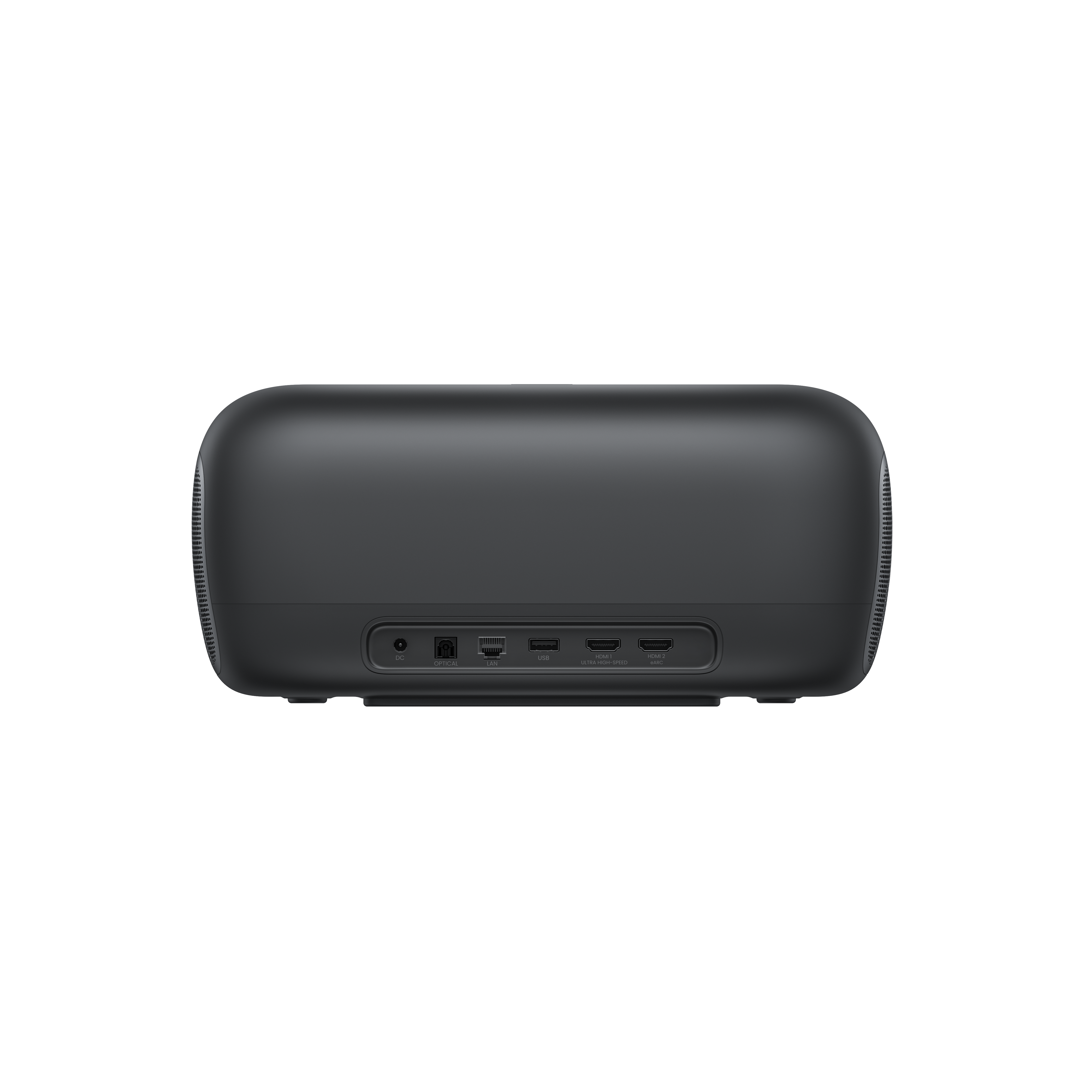 Eine dunkelgraue Soundbar mit verschiedenen Anschlüssen: DC, Optical, LAN, USB, HDMI. Sie hat eine abgerundete Form.