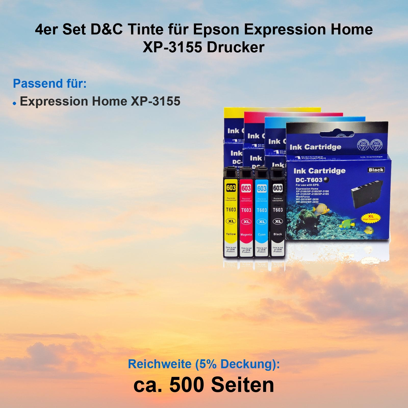 Tintenpatronen für Epson Expression Home XP-3155 Drucker. Gelbe, magenta, cyan und schwarze Patronen sichtbar.