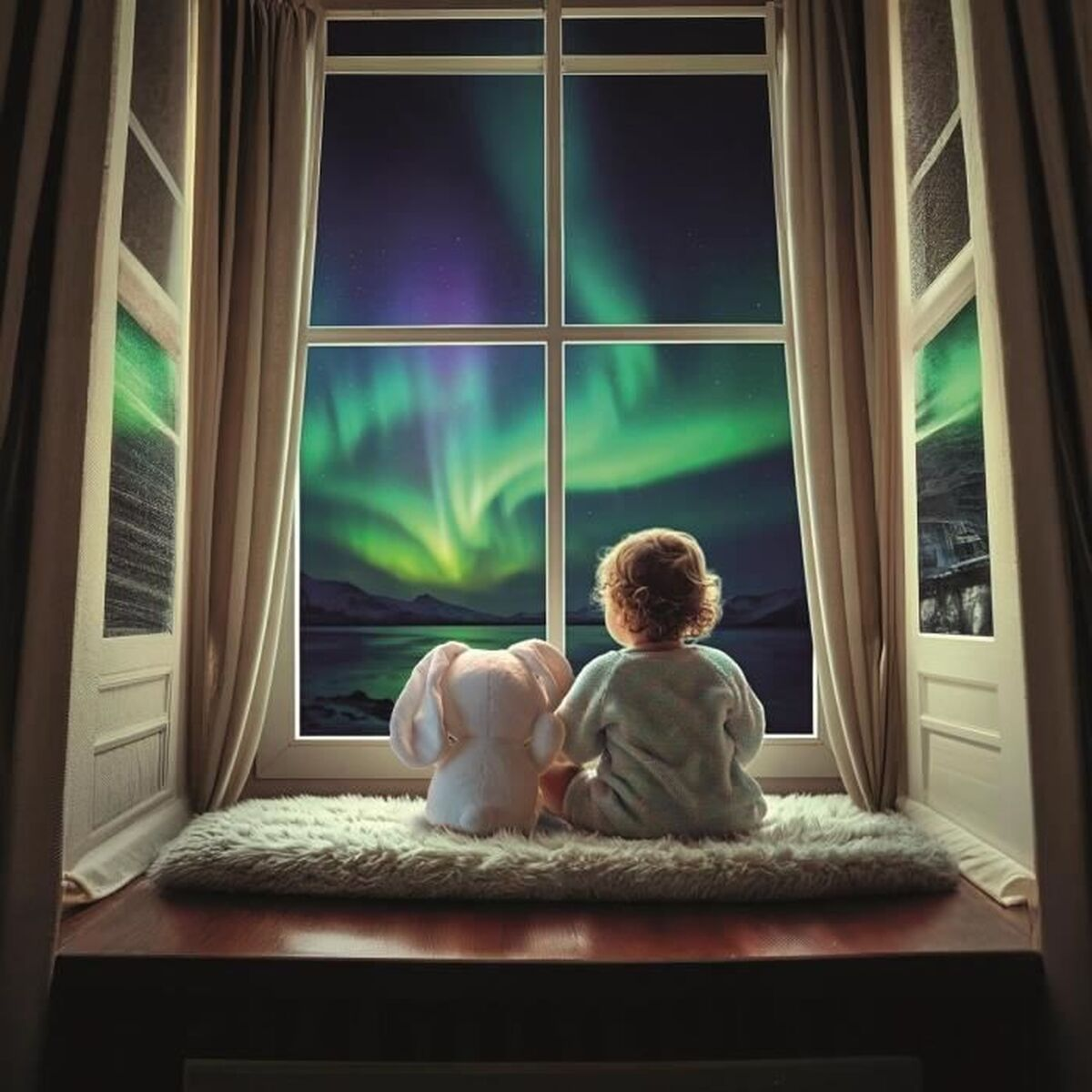 Un bambino e un coniglietto di peluche seduti vicino a una finestra, guardando l'aurora boreale. Luci verdi e viola illuminano il cielo.