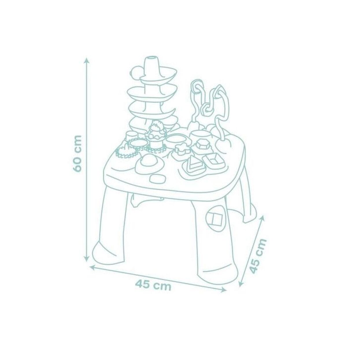 Eine Umrisszeichnung eines Kinderspieltisches mit Zubehör und den Abmessungen 60 cm hoch und 45 cm breit.