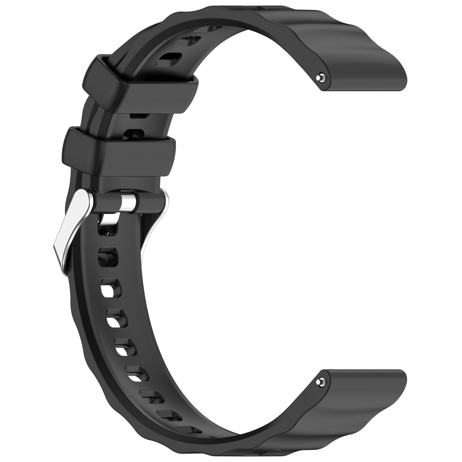 Ein schwarzes Uhrenarmband in C-Form. Es hat eine Schnalle und mehrere Löcher. Der Hintergrund ist weiß.