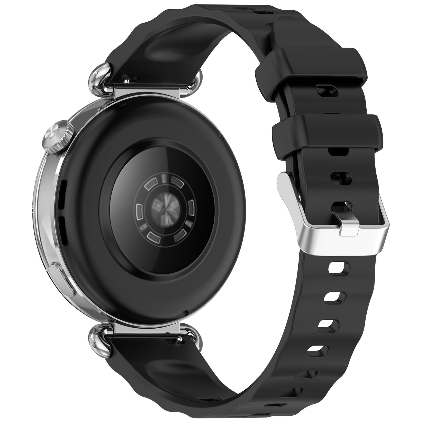 Schwarze Smartwatch mit silberner Lünette und schwarzem Armband. Die Rückseite zeigt Sensoren. Das Armband hat eine silberne Schnalle.