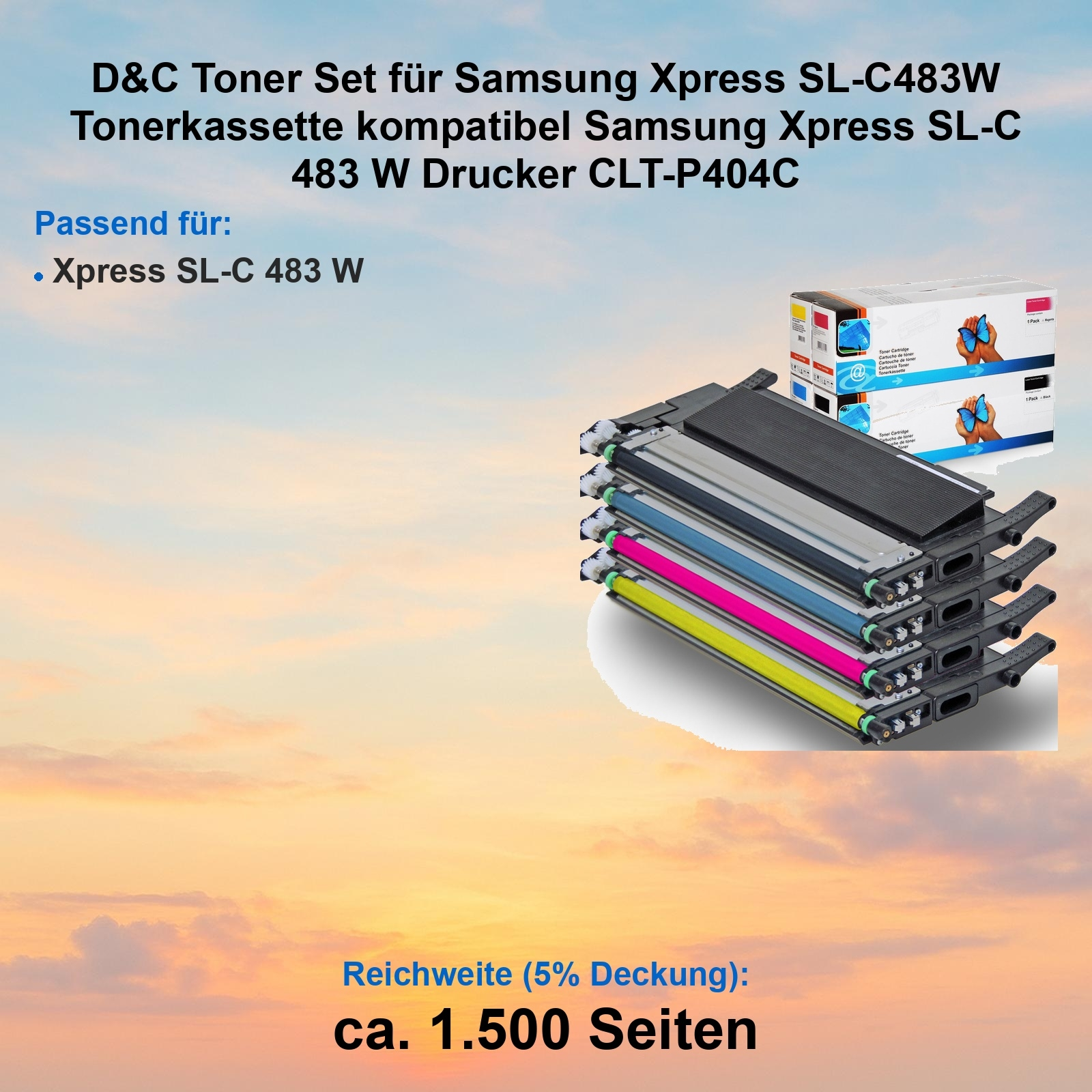 Toner-Set für Samsung-Drucker. Enthält schwarze, gelbe, magenta- und cyanfarbene Patronen mit einer Reichweite von 1.500 Seiten.