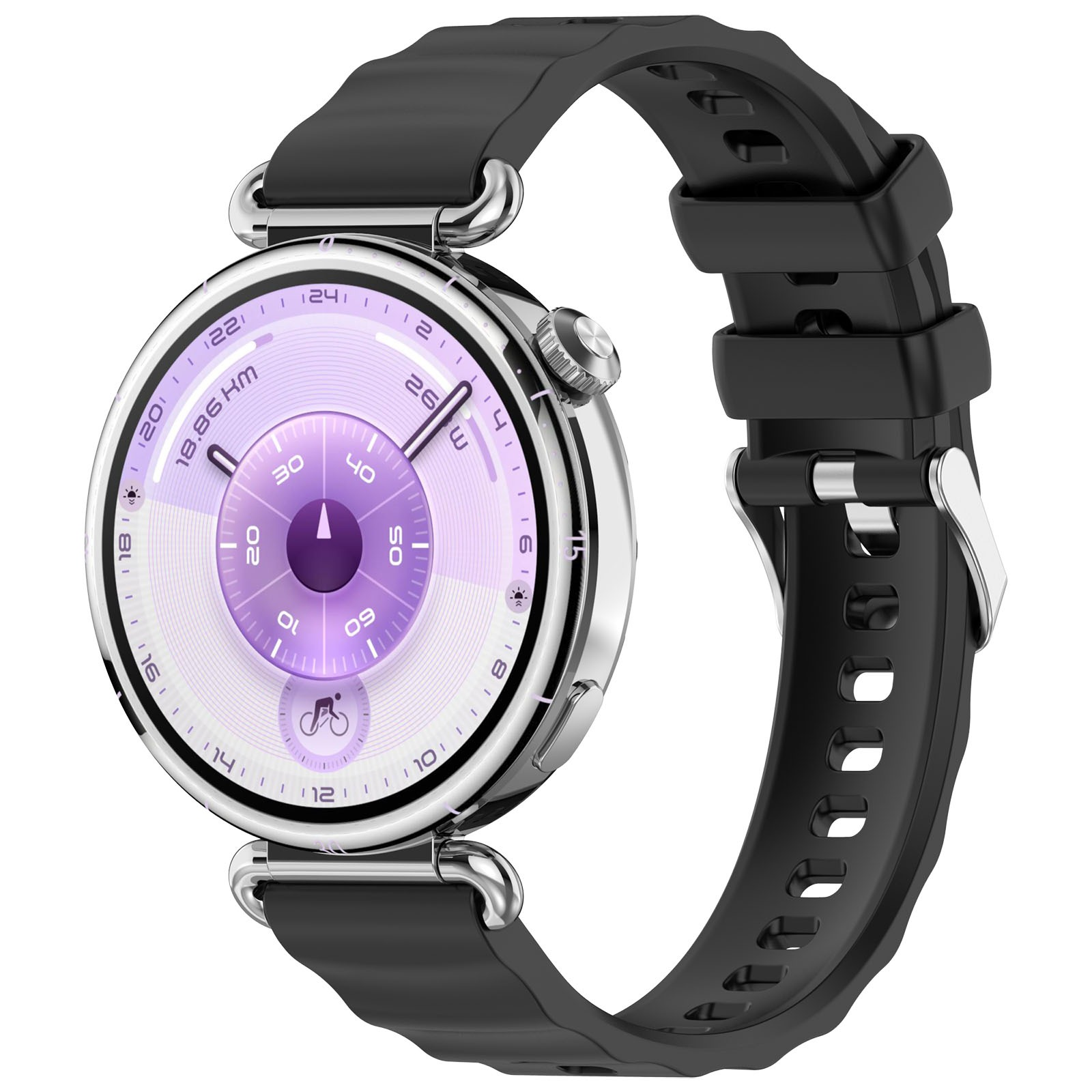 Eine runde Smartwatch mit schwarzem Armband. Das Zifferblatt ist lila und silberfarben. Zeigt Zeit und andere Metriken an.