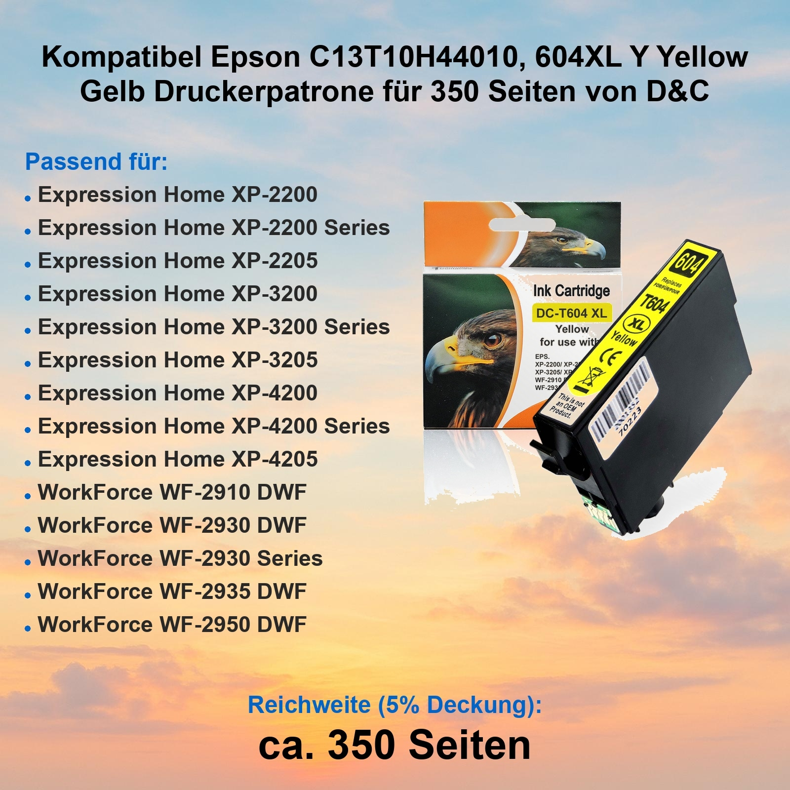 Gelbe Tintenpatrone mit Produktinfo, Schachteln und einer Liste kompatibler Epson-Druckermodelle.