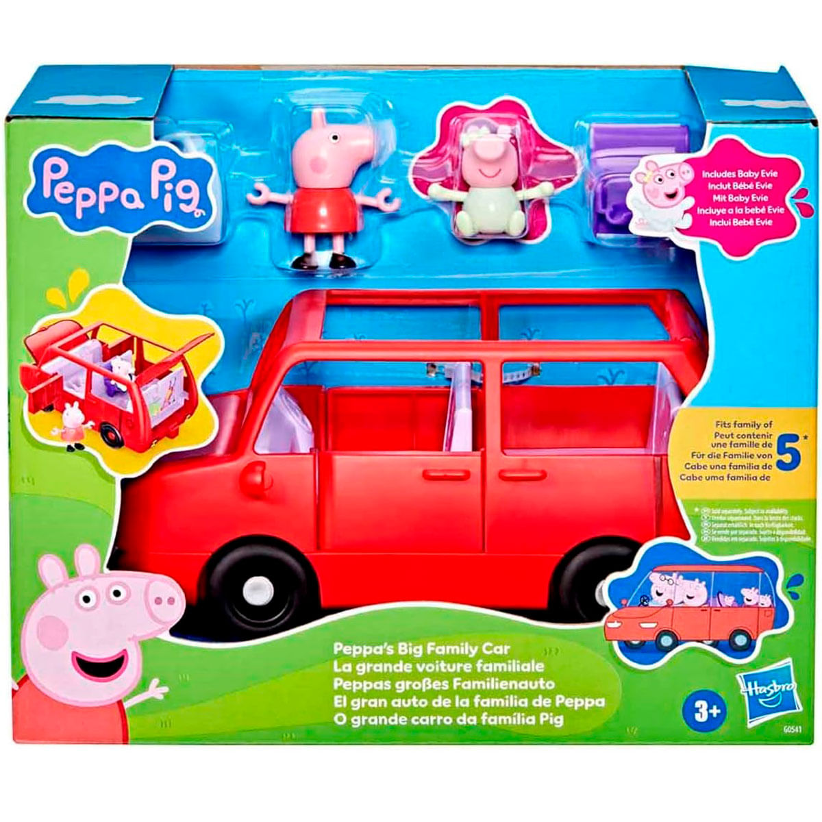 Juego de juguetes de Peppa Pig. Coche familiar rojo, figuras de Peppa y Baby Evie. Caja con texto en varios idiomas.