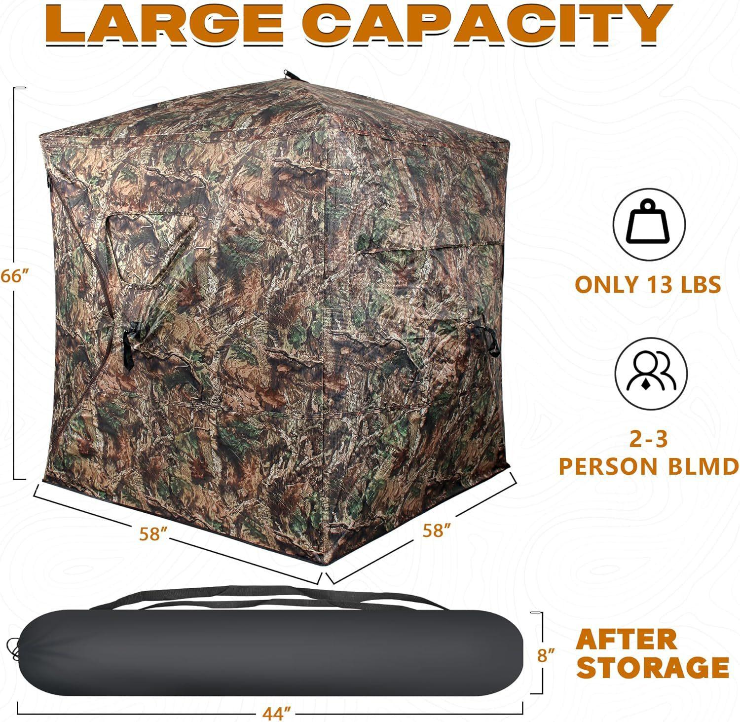 Ein Tarn-Jagdunterstand mit Abmessungen und Gewichtsangaben. Er ist für 2-3 Personen konzipiert und wiegt 13 lbs. Nach der Lagerung ist er 44x8 Zoll.